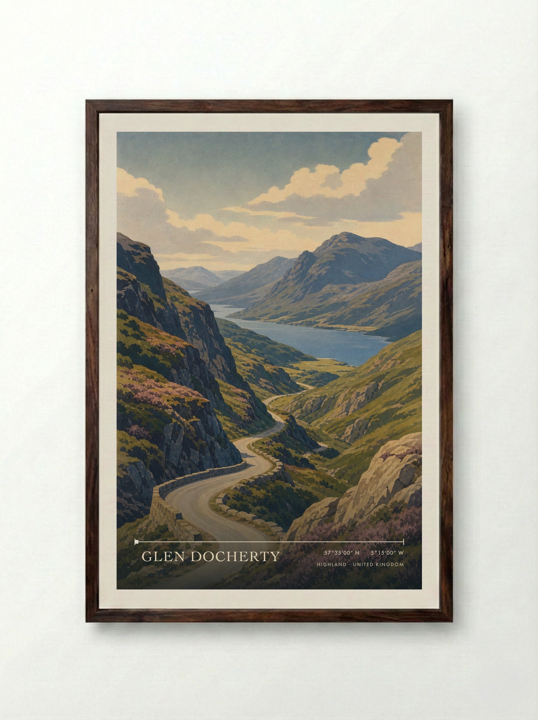 Glen Docherty Highland United Kingdom Travel Poster - Framed Print Dark Wood