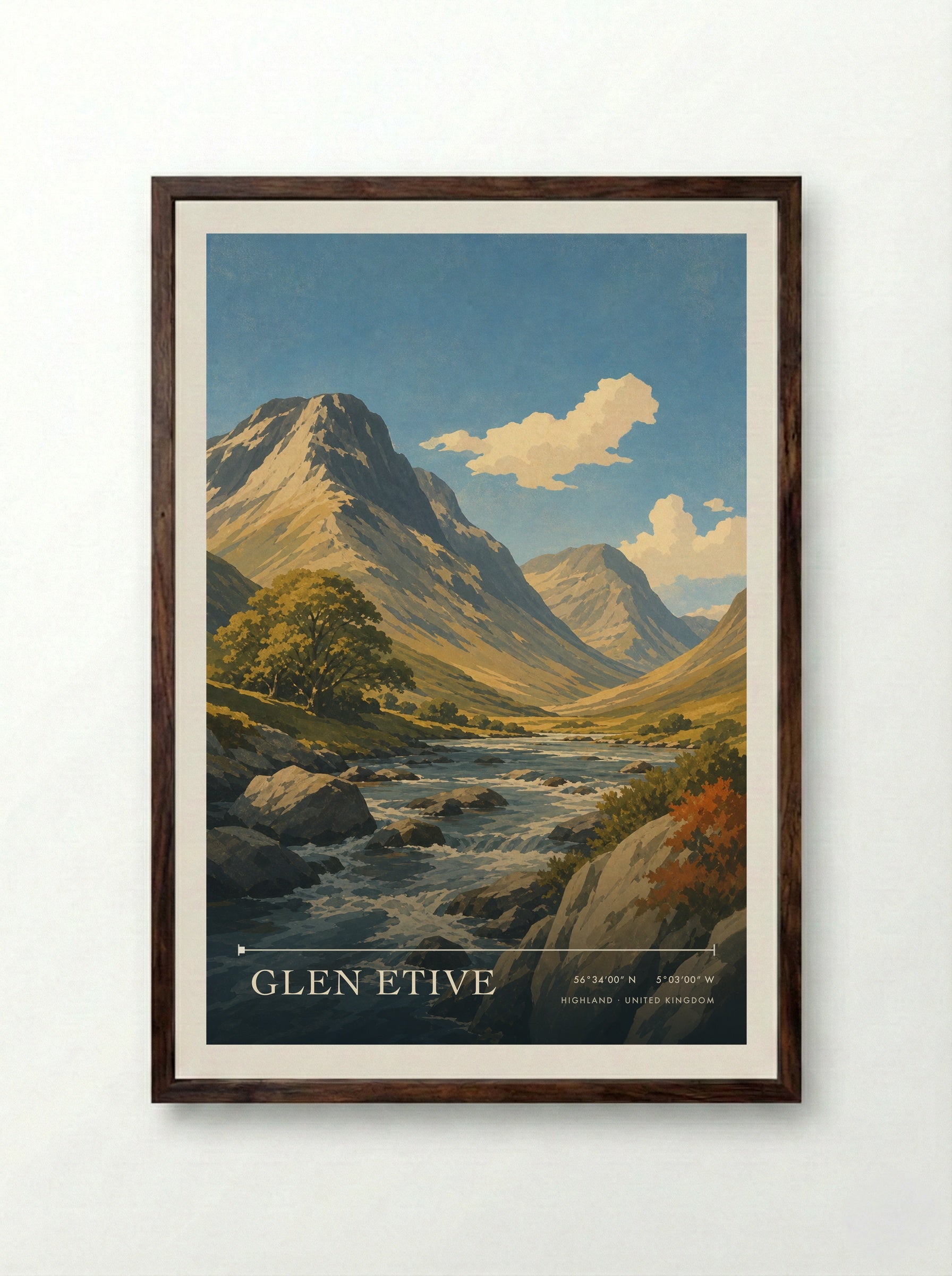 Glen Etive Highland United Kingdom Travel Poster - Framed Print Dark Wood