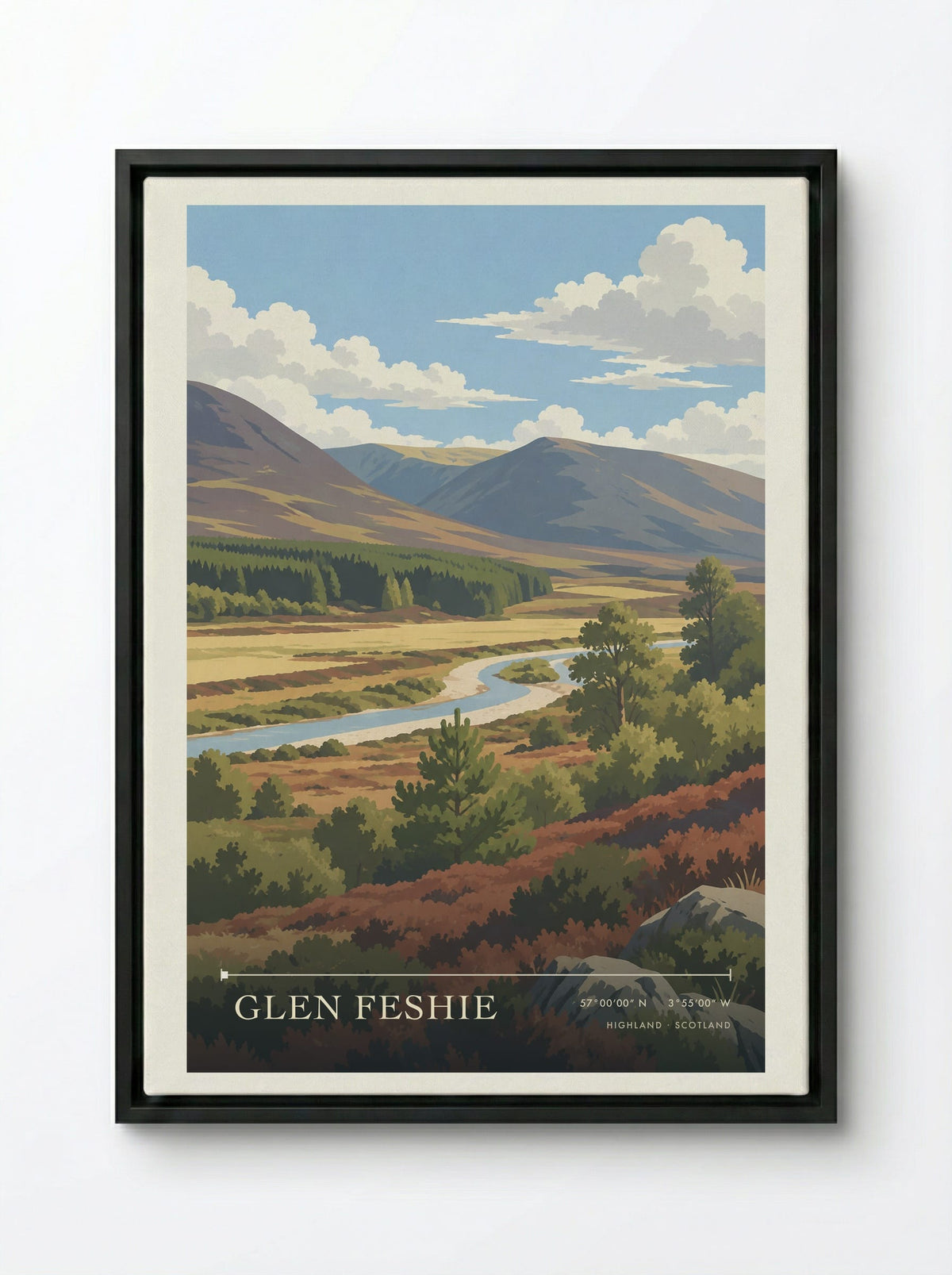 Glen Feshie, Highland | Travel Poster - Framed Canvas Black