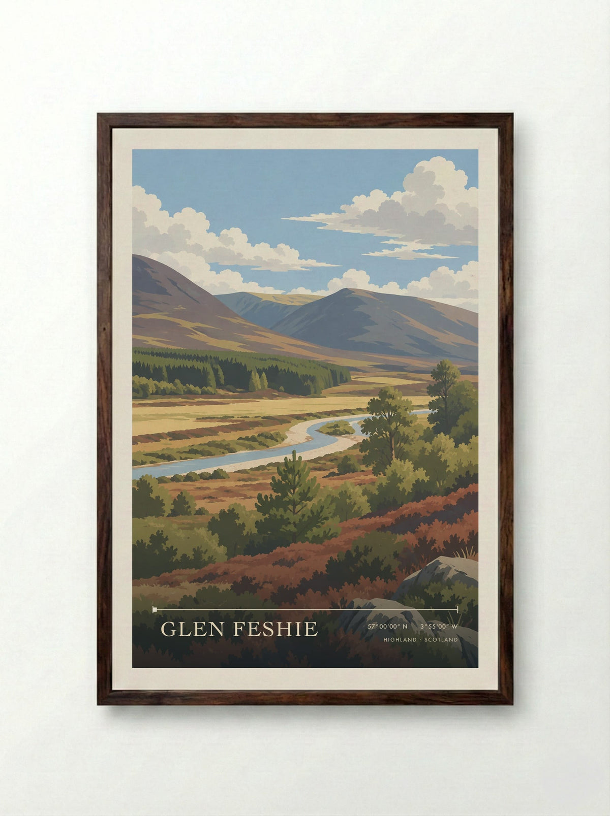 Glen Feshie, Highland | Travel Poster - Framed Print Dark Wood