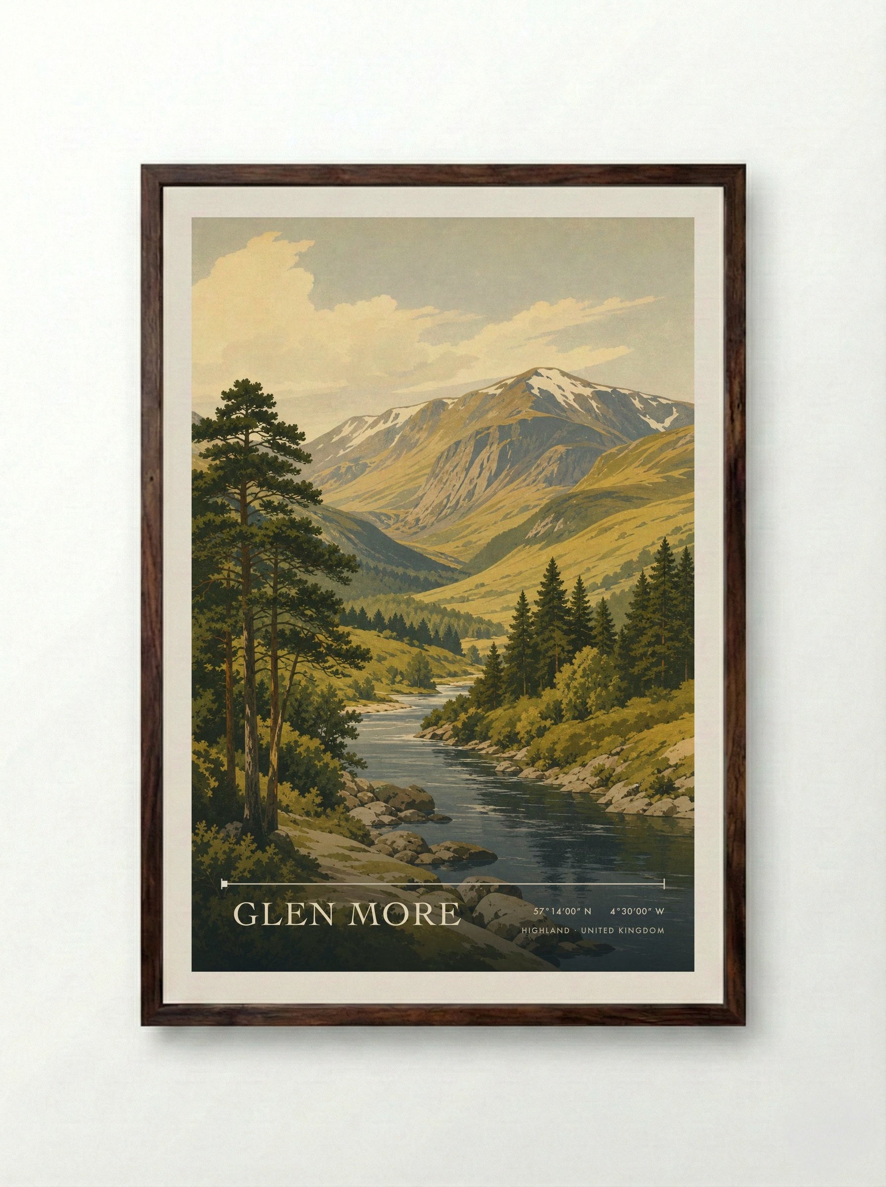 Glen More Highland United Kingdom Travel Poster - Framed Print Dark Wood