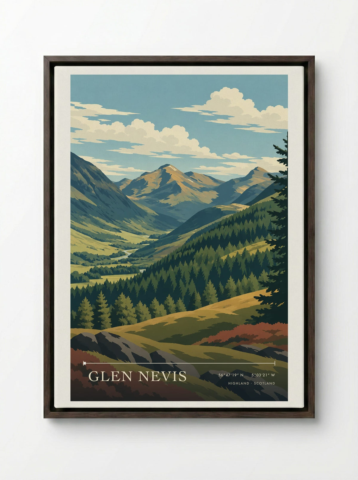 Glen Nevis, Highland | Travel Poster - Framed Canvas Dark Wood