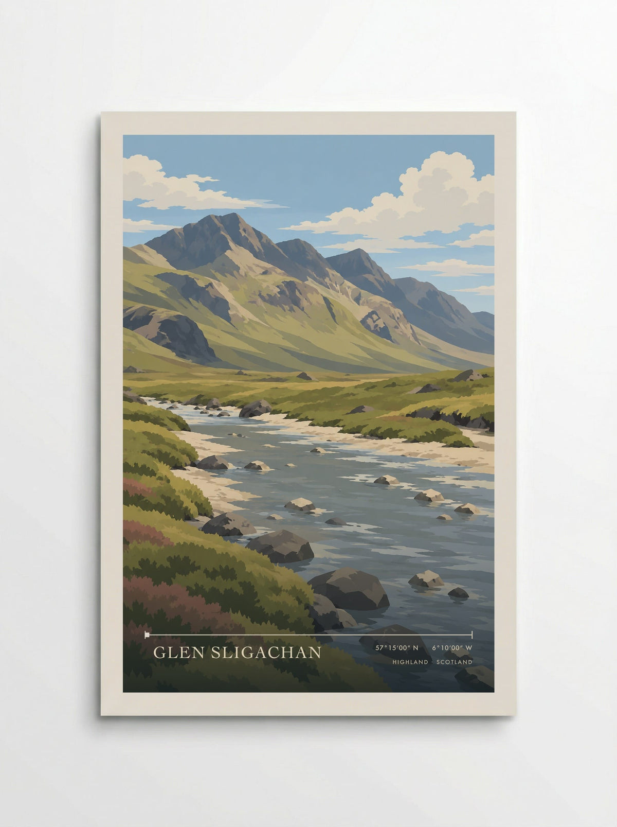 Glen Sligachan, Highland travel poster: a boulder strewn river, pale banks and low heather below steep Cuillin faces in clear summer light