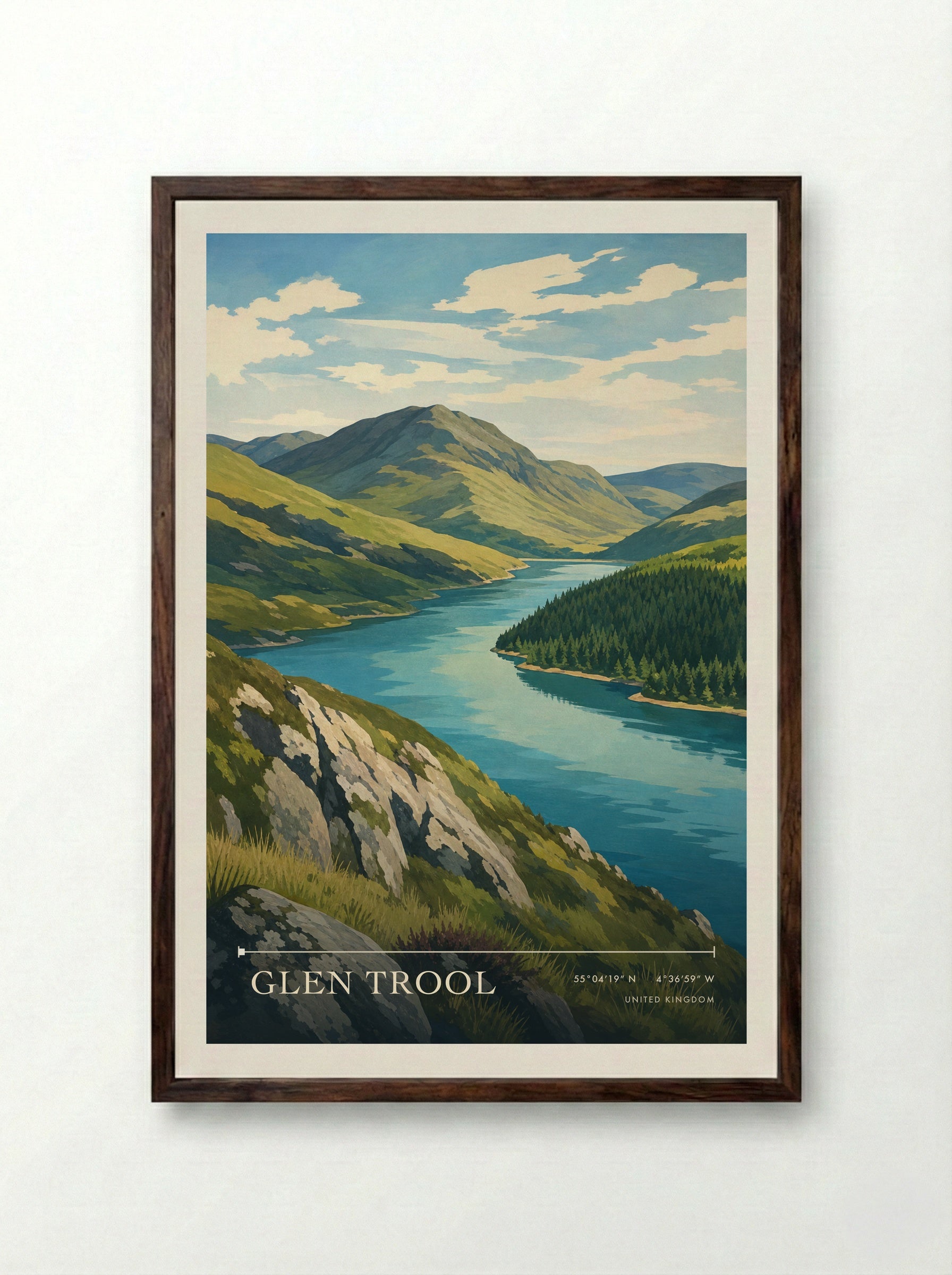 Glen Trool United Kingdom Travel Poster - Framed Print Dark Wood