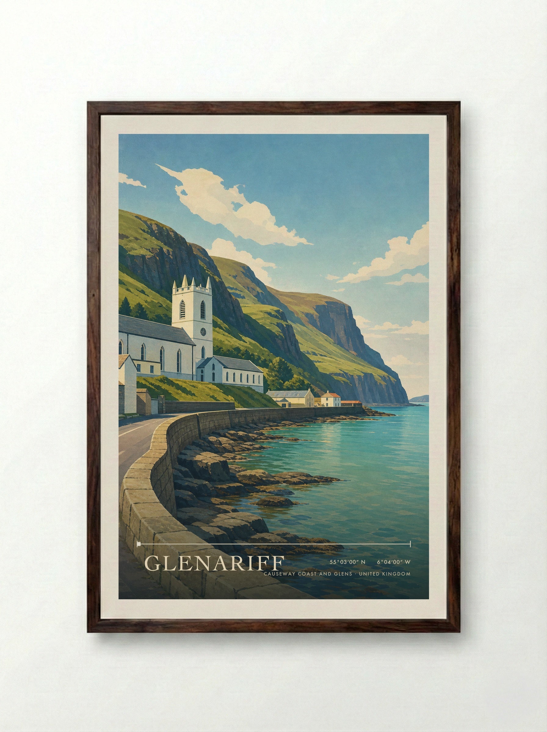 Glenariff Causeway Coast and Glens United Kingdom Travel Poster - Framed Print Dark Wood