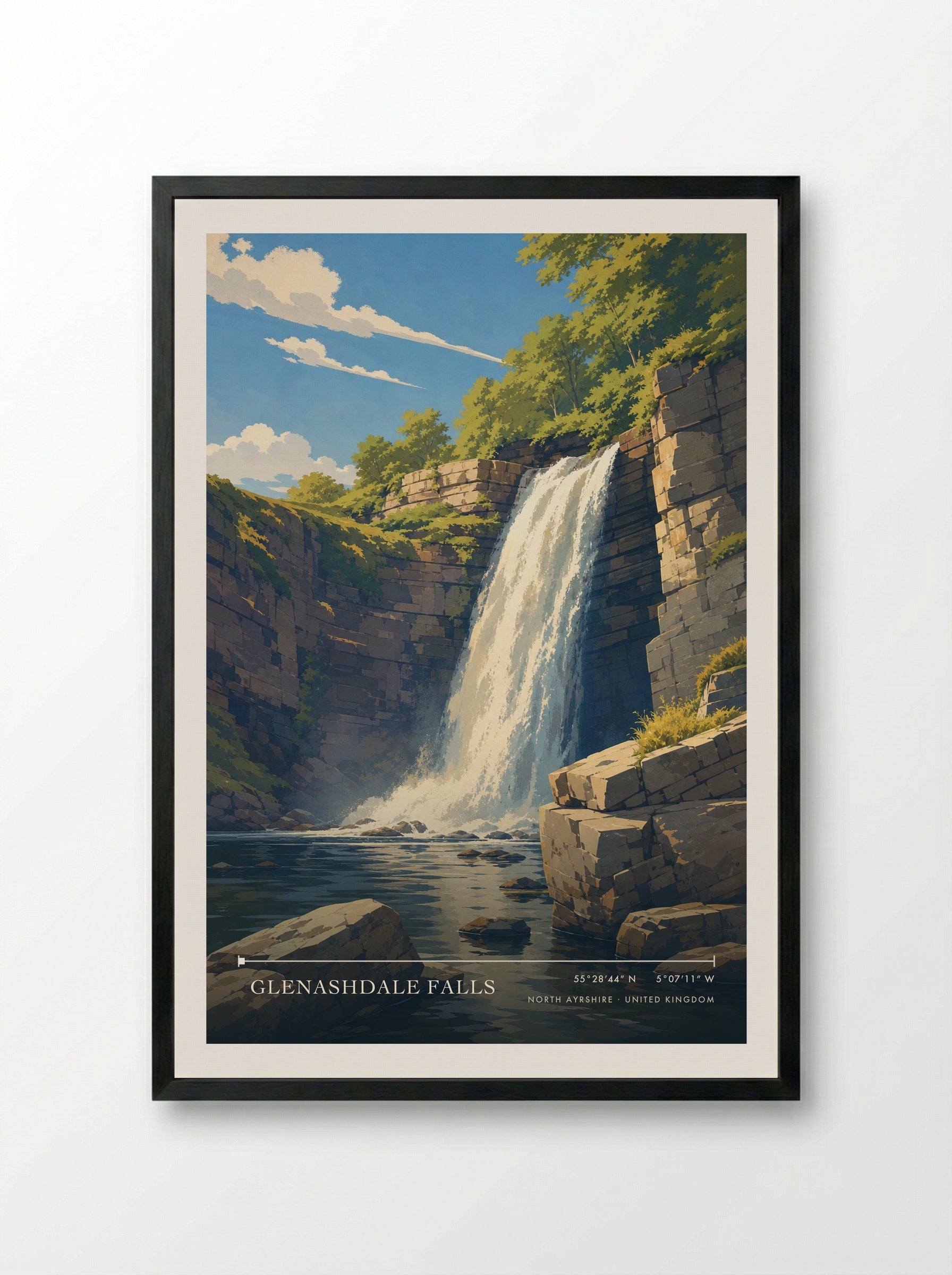 Glenashdale Falls North Ayrshire United Kingdom Travel Poster - Framed Print Black