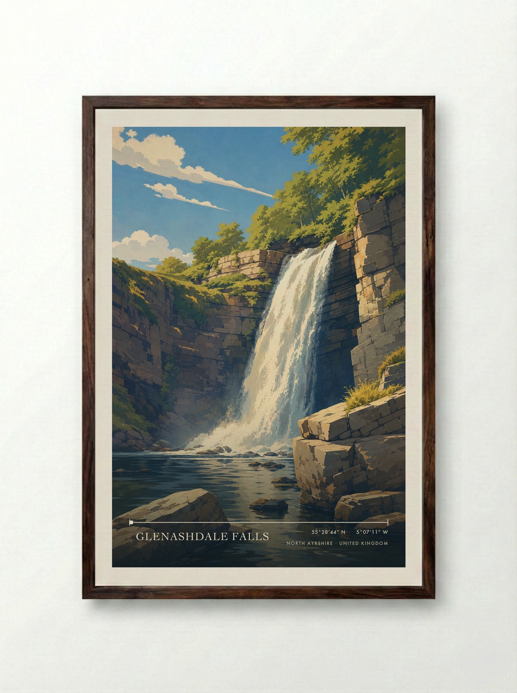Glenashdale Falls North Ayrshire United Kingdom Travel Poster - Framed Print Dark Wood
