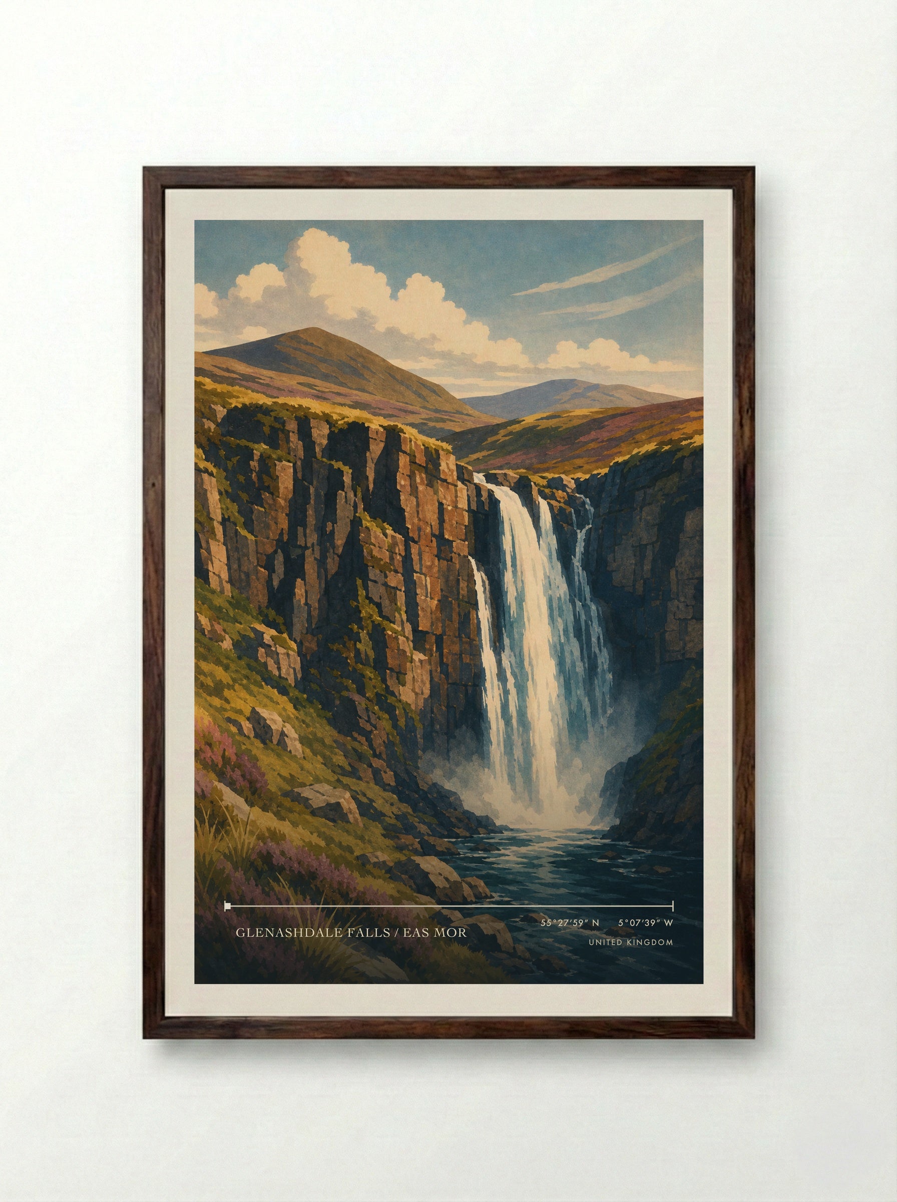 Glenashdale Falls / Eas Mor United Kingdom Travel Poster - Framed Print Dark Wood