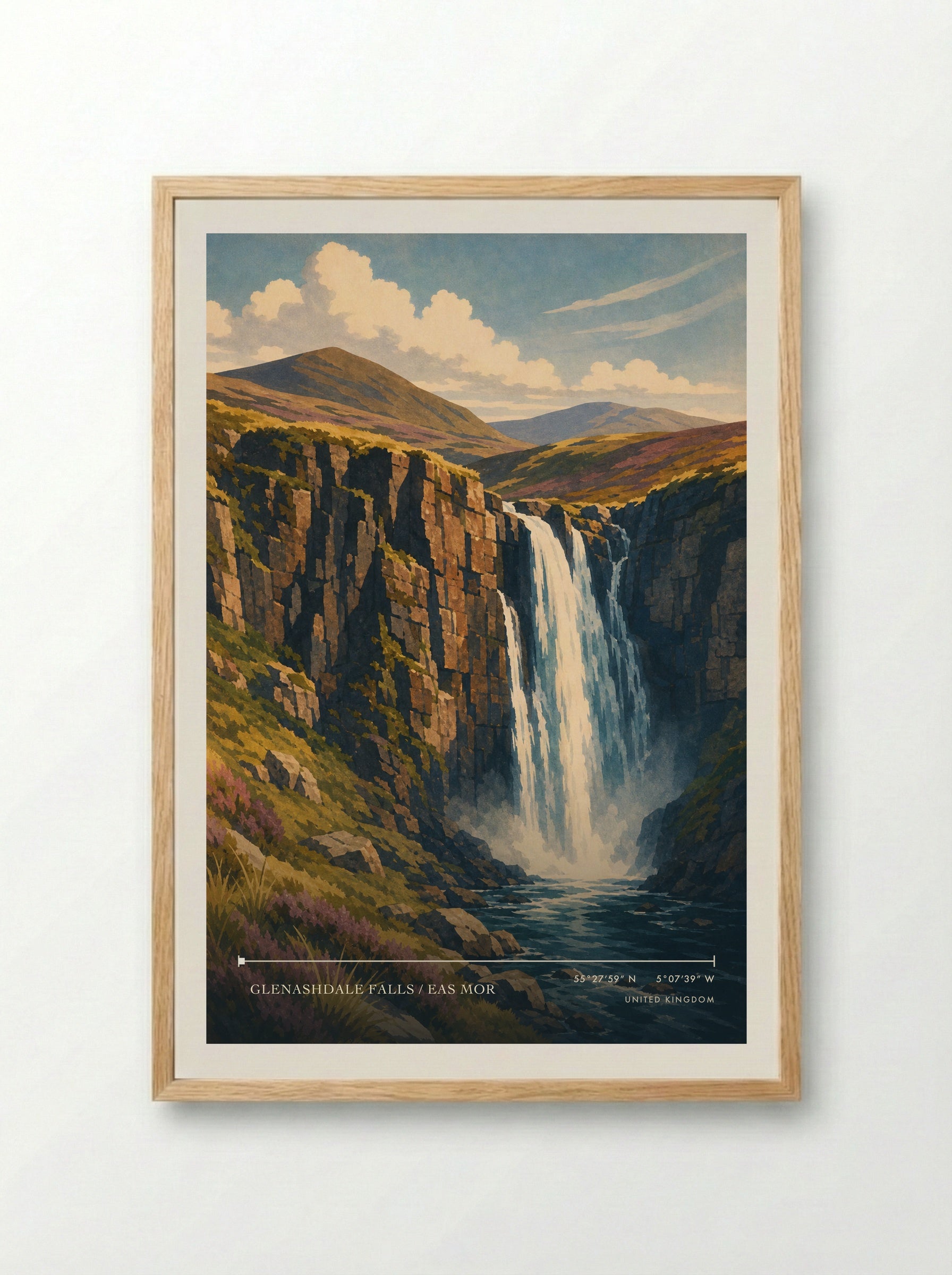 Glenashdale Falls / Eas Mor United Kingdom Travel Poster - Framed Print Wood