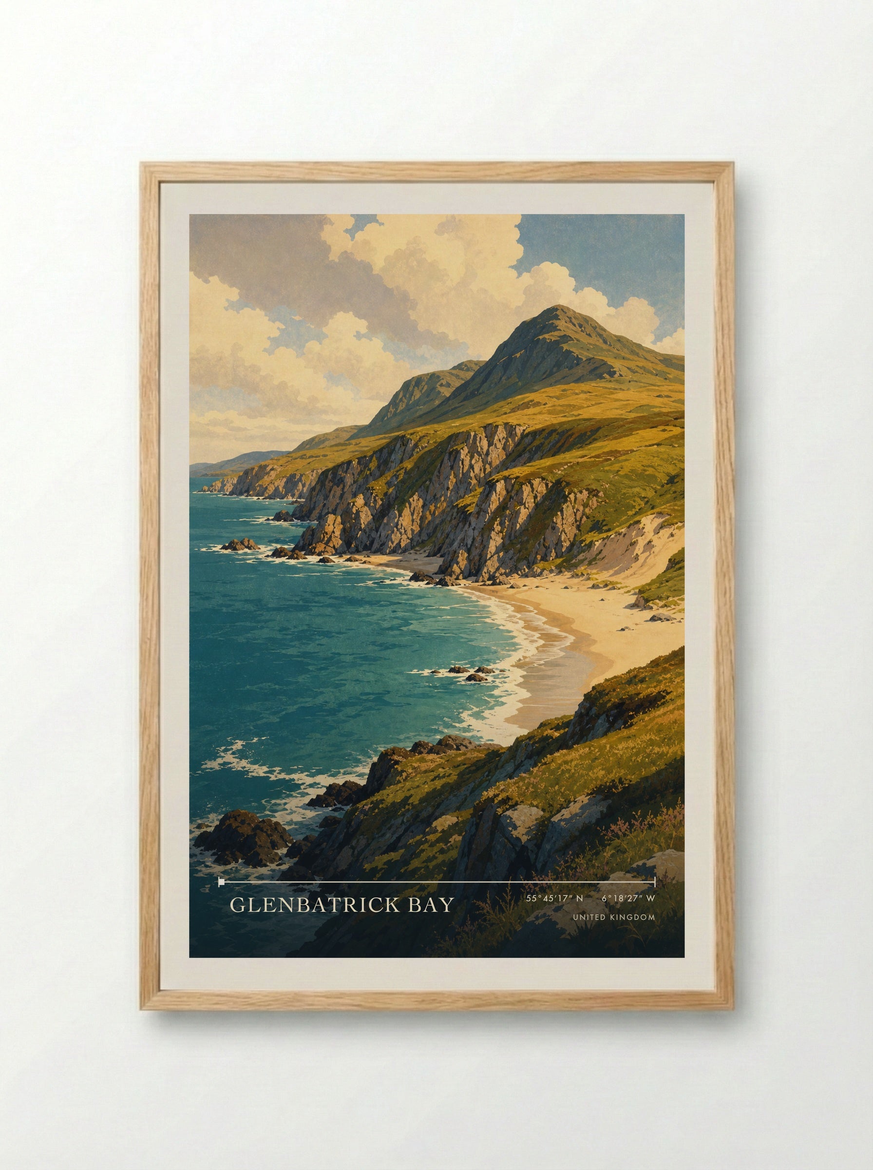 Glenbatrick Bay United Kingdom Travel Poster - Framed Print Wood
