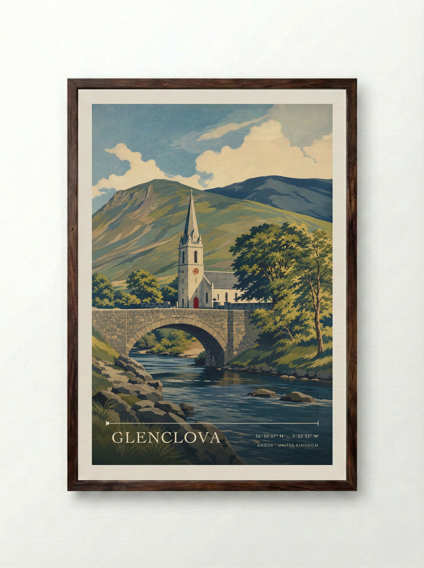 Glenclova Angus United Kingdom Travel Poster - Framed Print Dark Wood