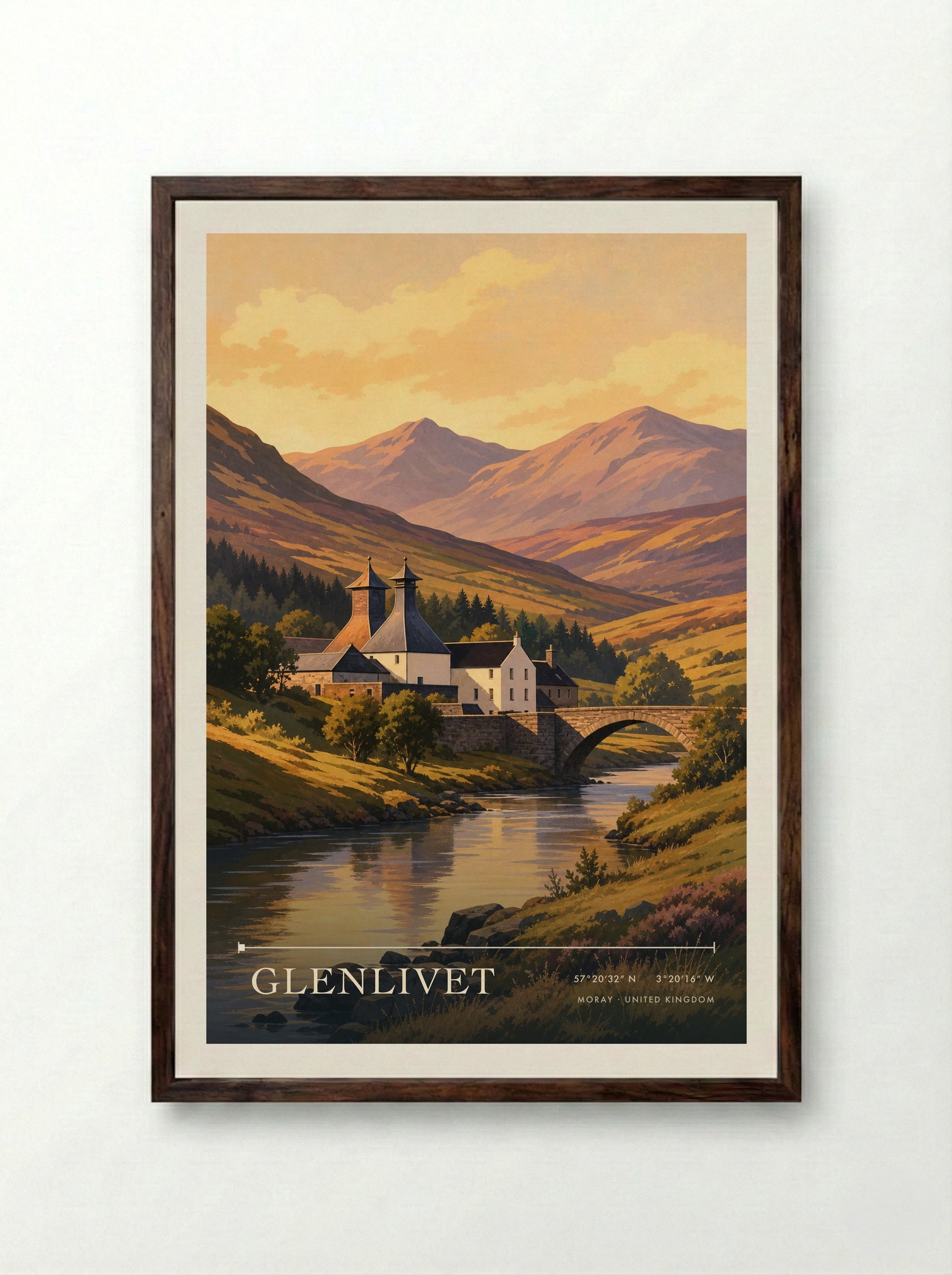Glenlivet Moray United Kingdom Travel Poster - Framed Print Dark Wood