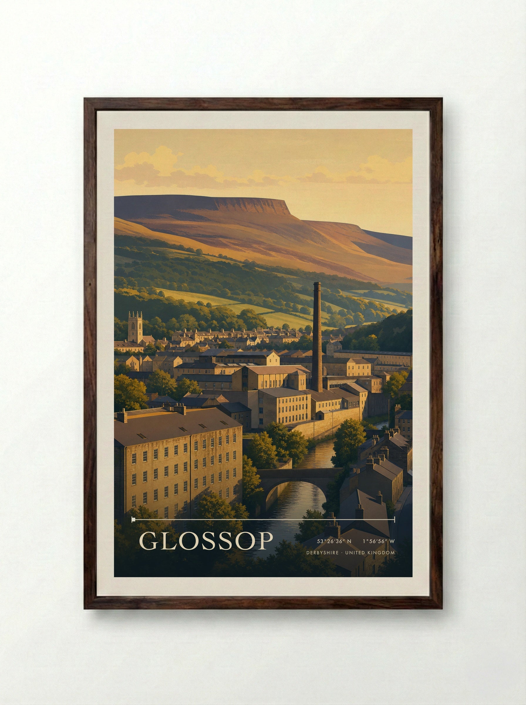 Glossop Derbyshire United Kingdom Travel Poster - Framed Print Dark Wood