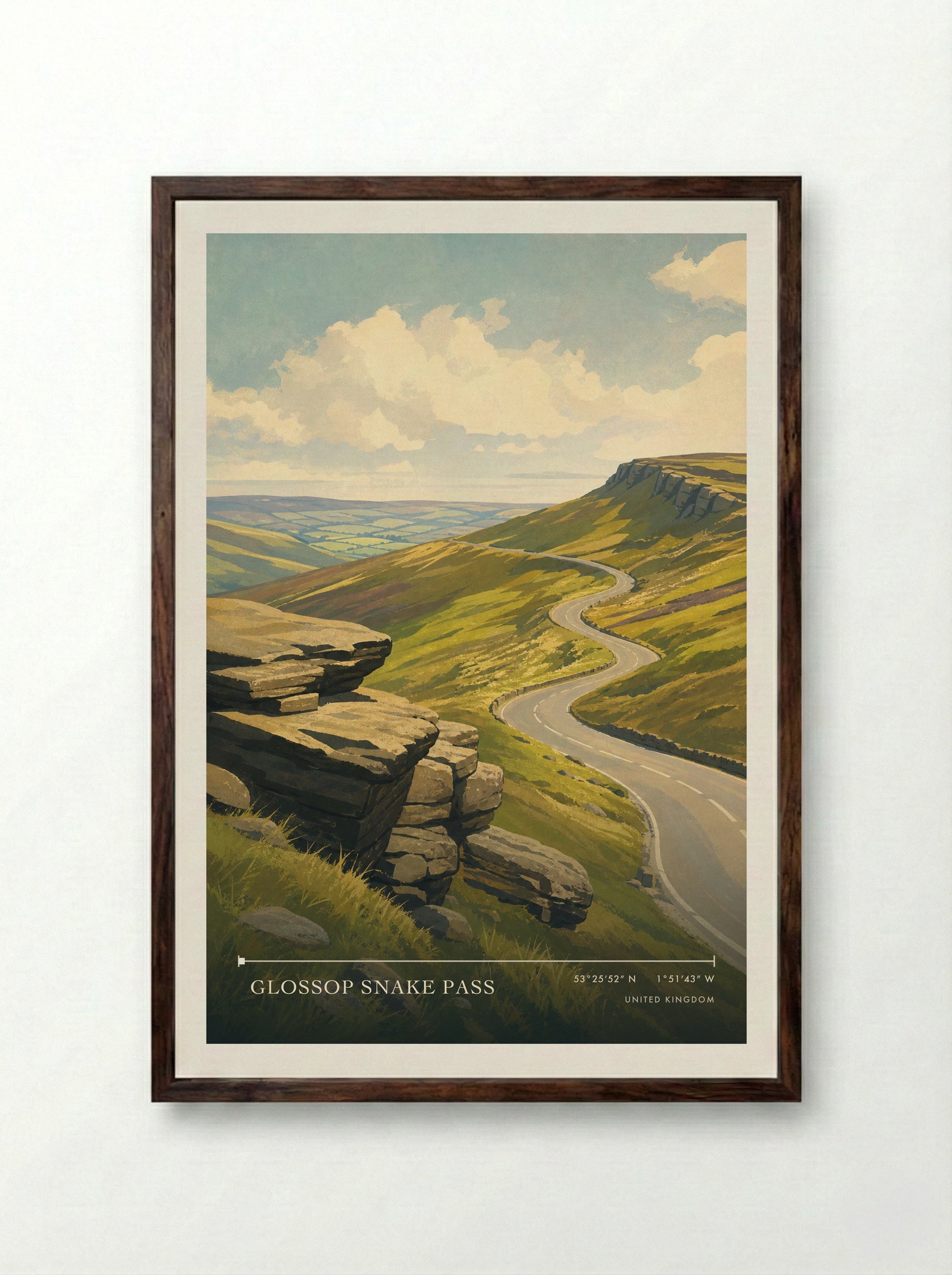 Glossop Snake Pass United Kingdom Travel Poster - Framed Print Dark Wood