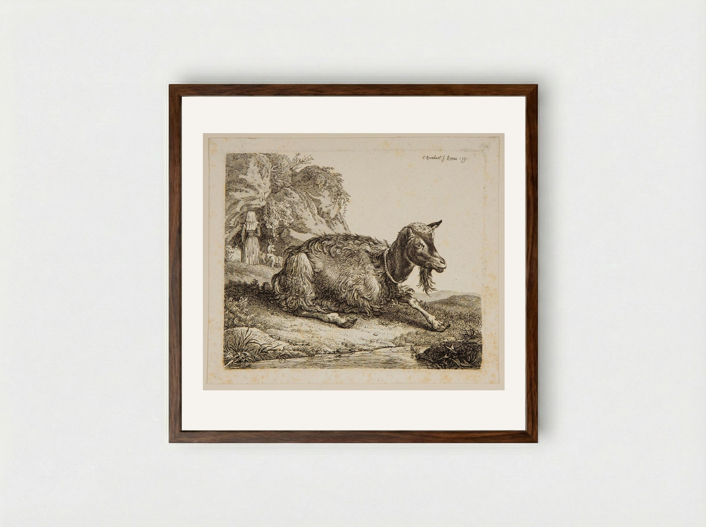 Goat and Shepherdess - Johann Christian Reinhart - Framed Print Dark Wood