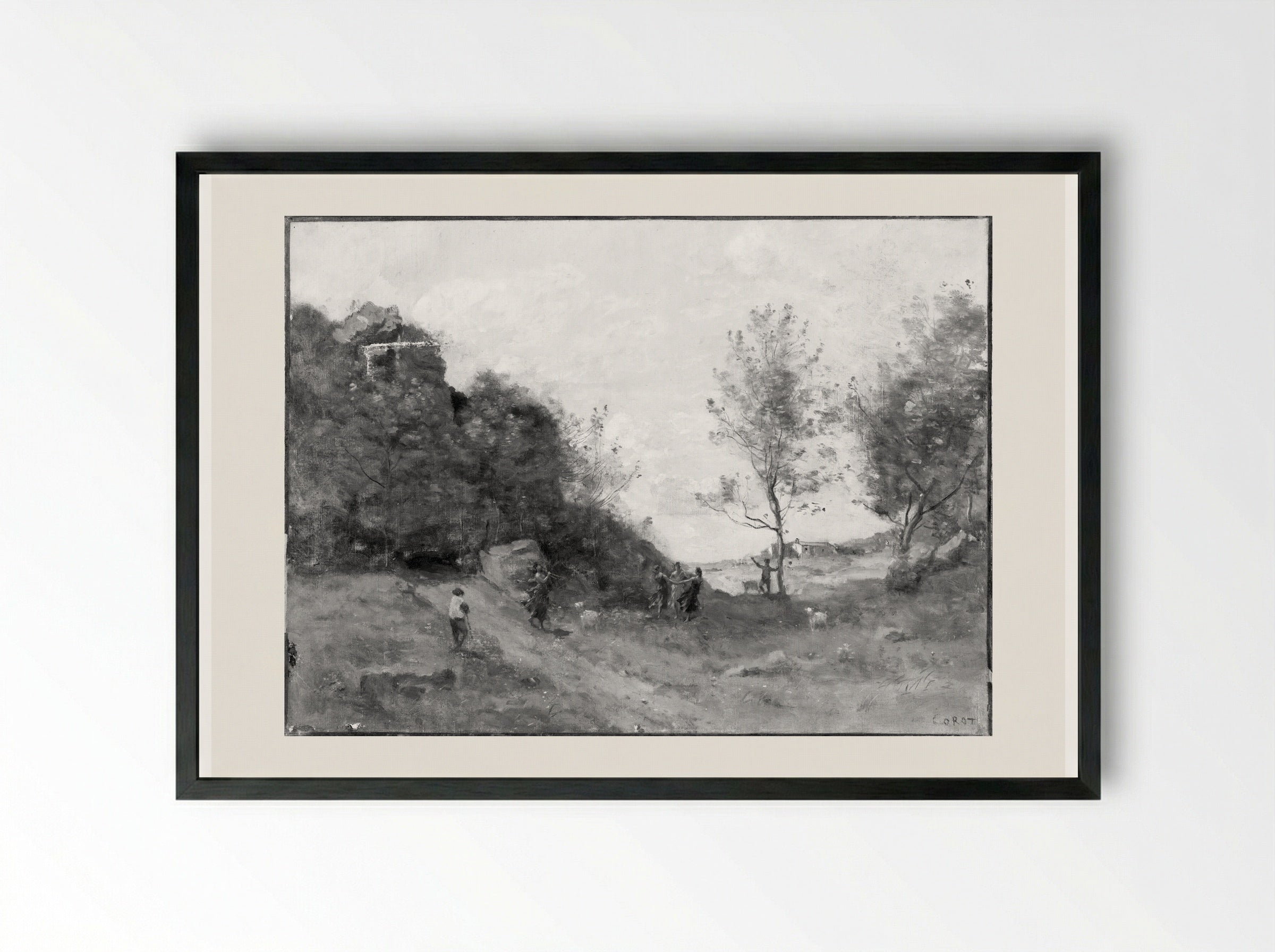 Goatherd in a Landscape - Jean-Baptiste-Camille Corot - Framed Print Black