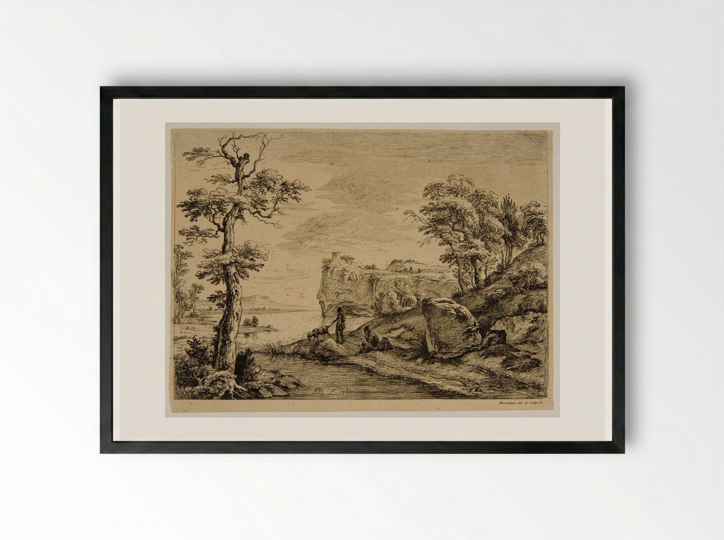Goatherds and Goat Near a River - Jean-Jacques de Boissieu - Framed Print Black