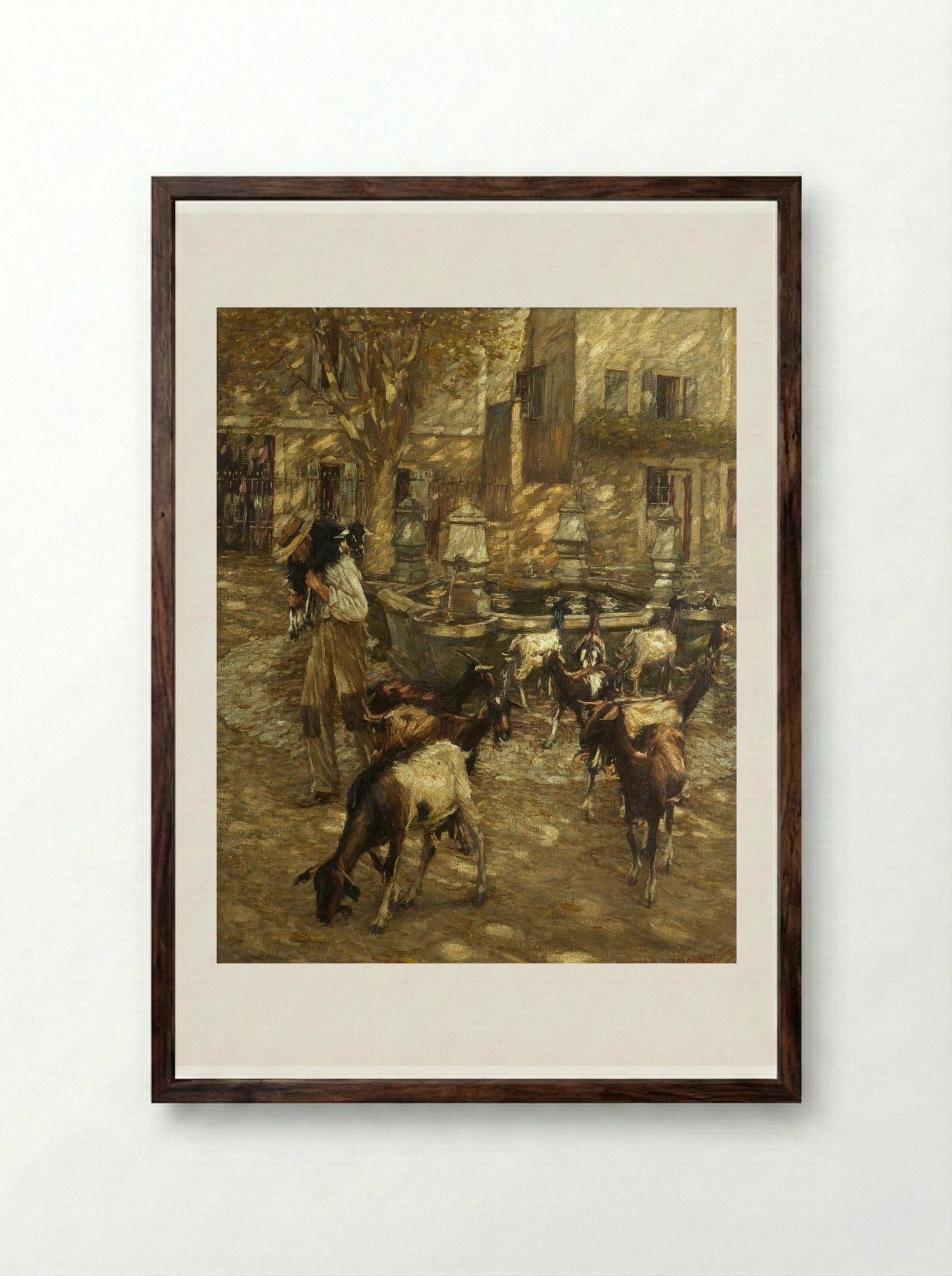 Goats at a Fountain - Henry Herbert La Thangue - Framed Print Dark Wood