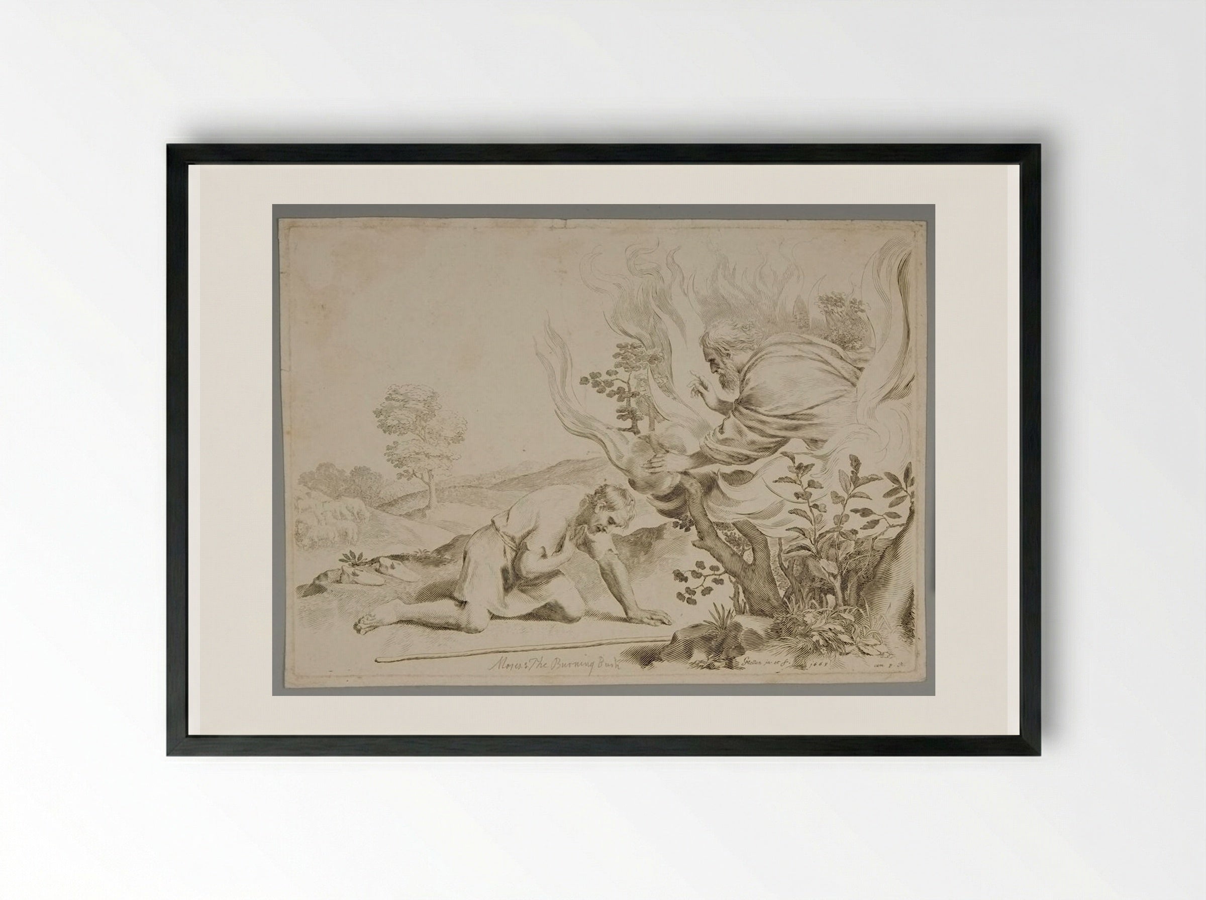 God Appearing to Moses in the Burning Bush - Claude Mellan - Framed Print Black