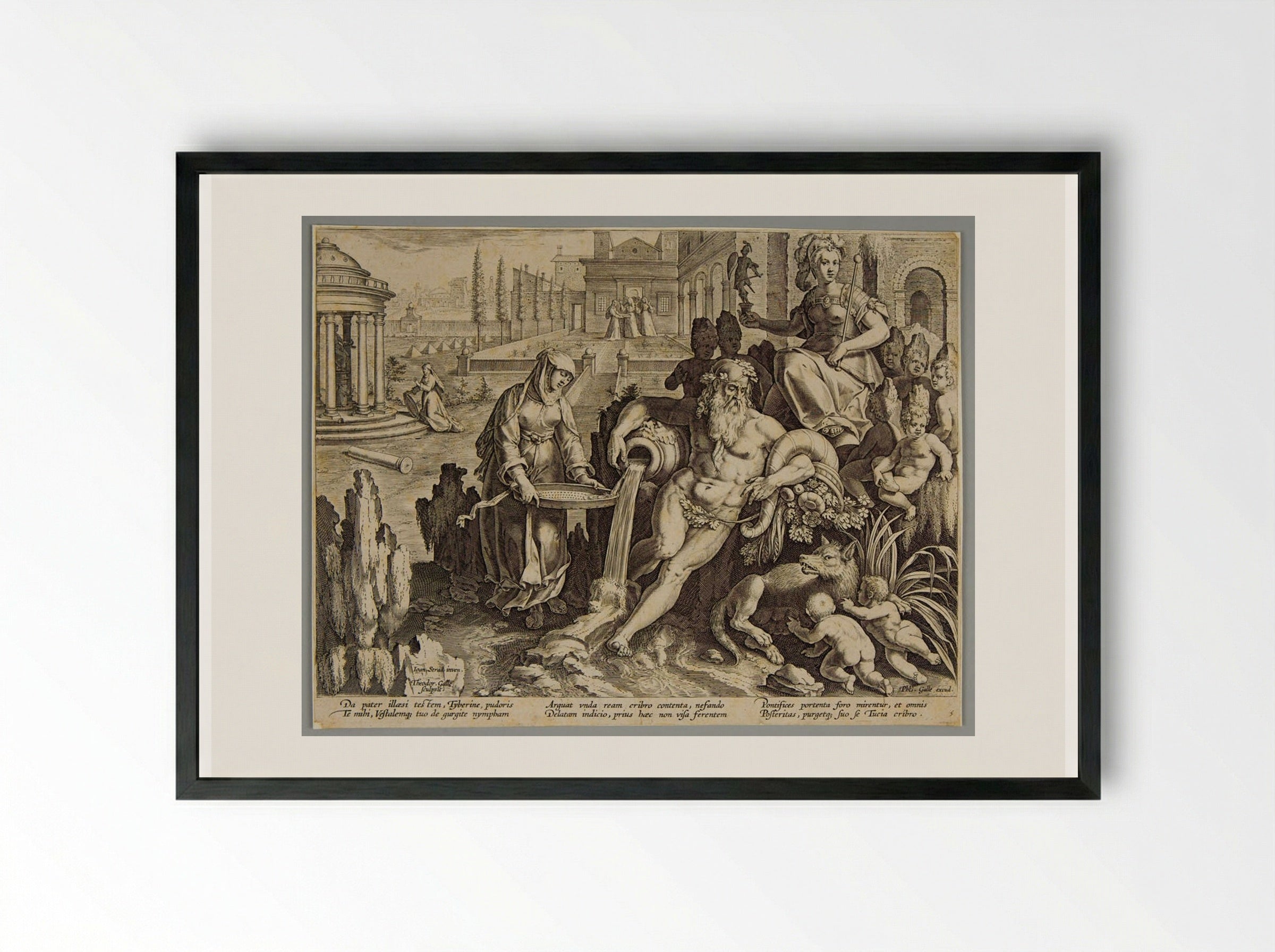 God Tiber and Vestal Virgin Tuccia - Theodoor Galle - Framed Print Black