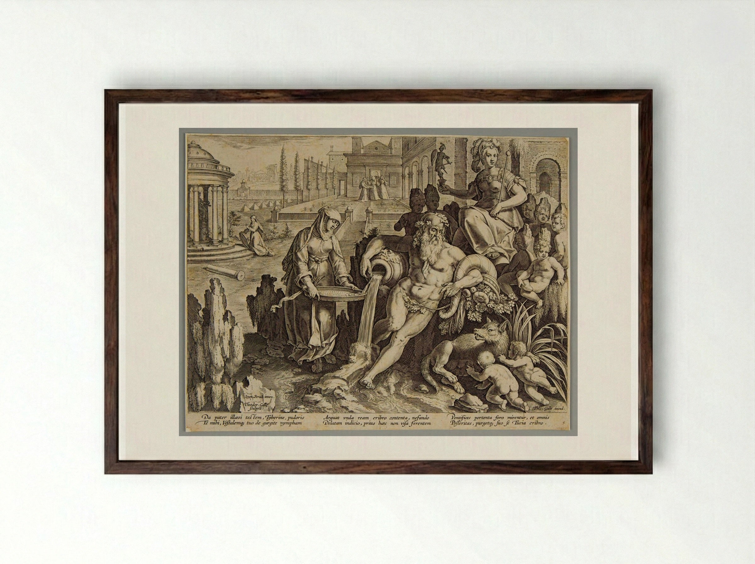 God Tiber and Vestal Virgin Tuccia - Theodoor Galle - Framed Print Dark Wood