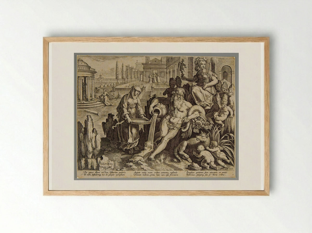 God Tiber and Vestal Virgin Tuccia - Theodoor Galle - Framed Print Wood