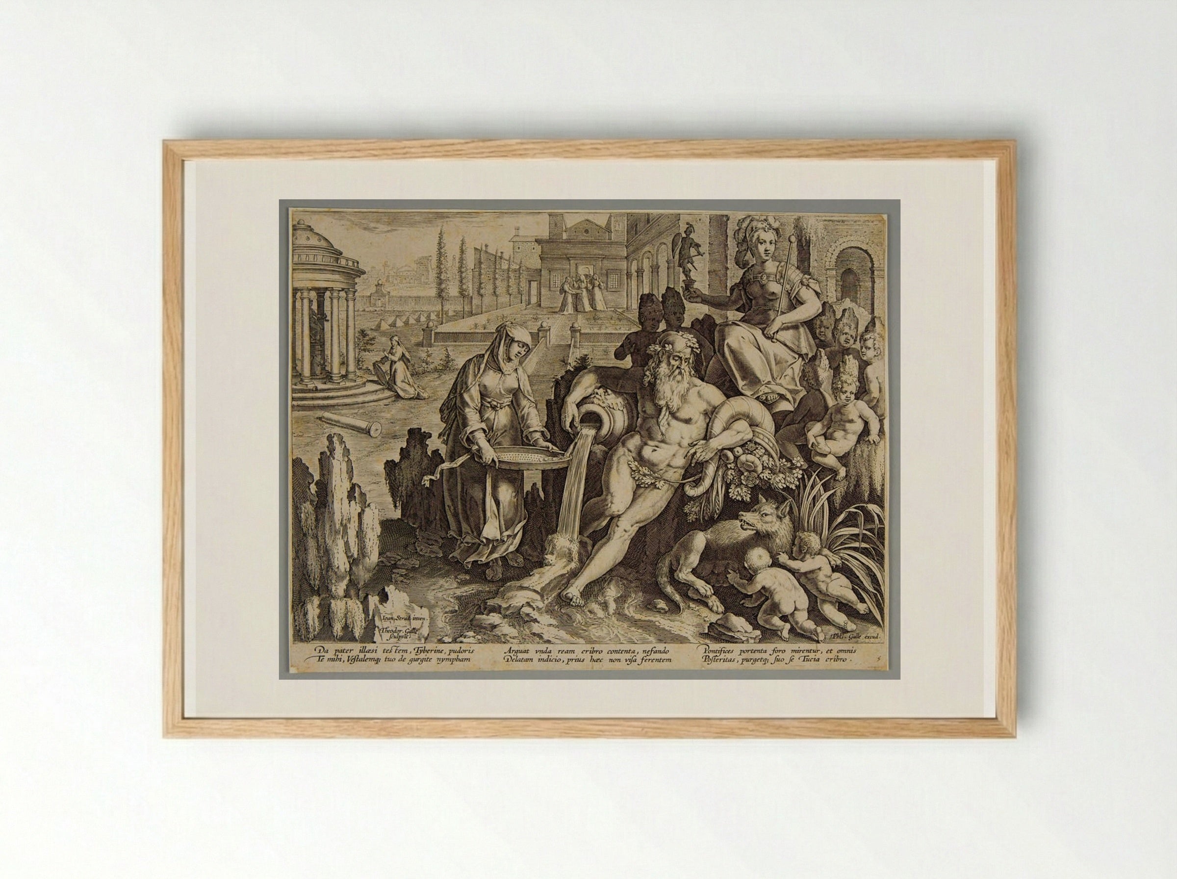 God Tiber and Vestal Virgin Tuccia - Theodoor Galle - Framed Print Wood