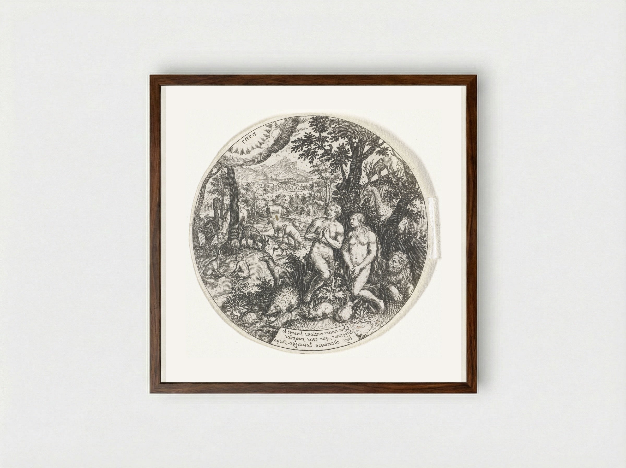 God spreekt met Adam en Eva in het Paradijs - Johann Theodor de Bry - Framed Print Dark Wood