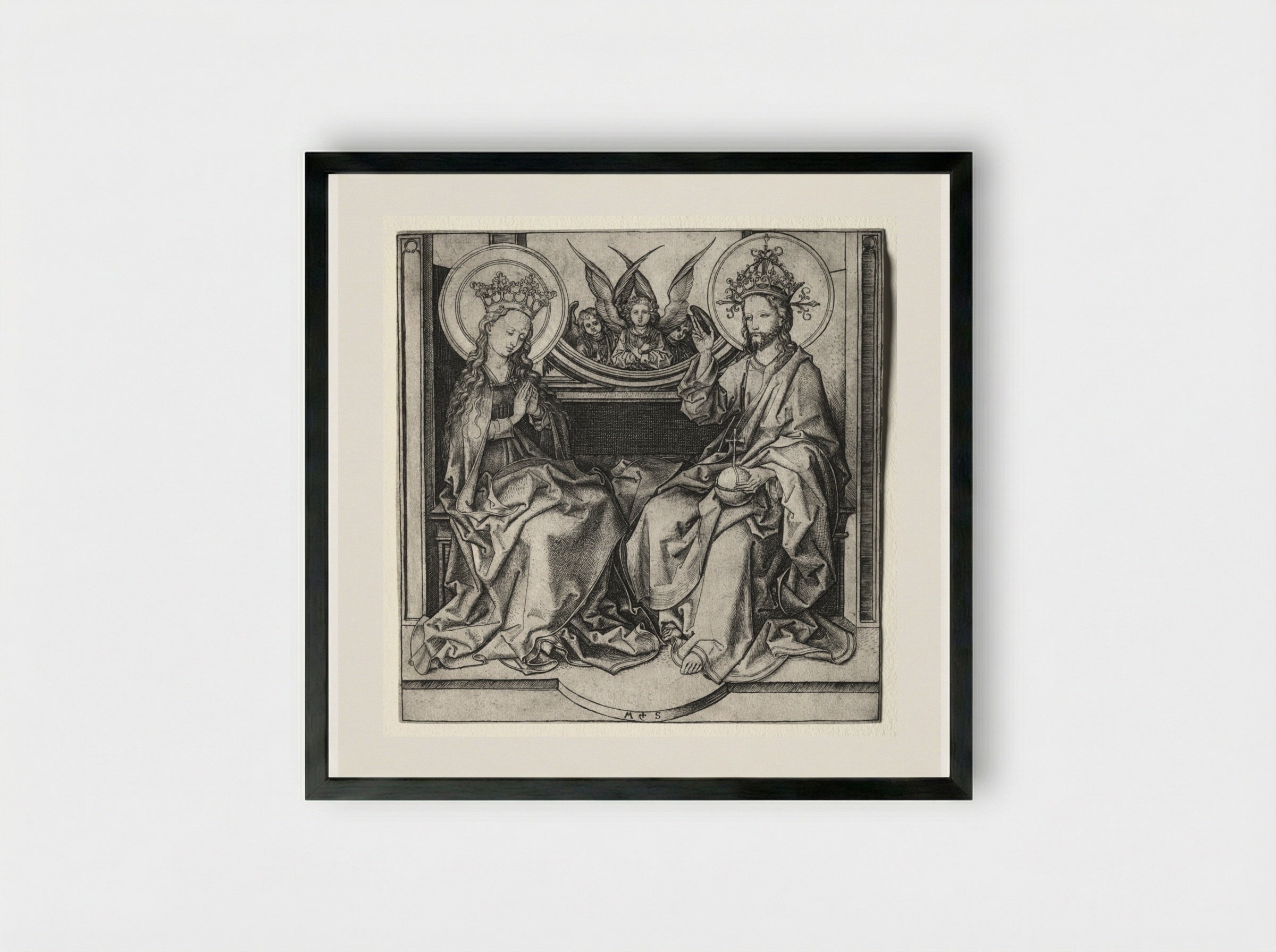 God the Father and the Blessed Virgin Enthroned Attended by Angels - Martin Schongauer - Framed Print Black