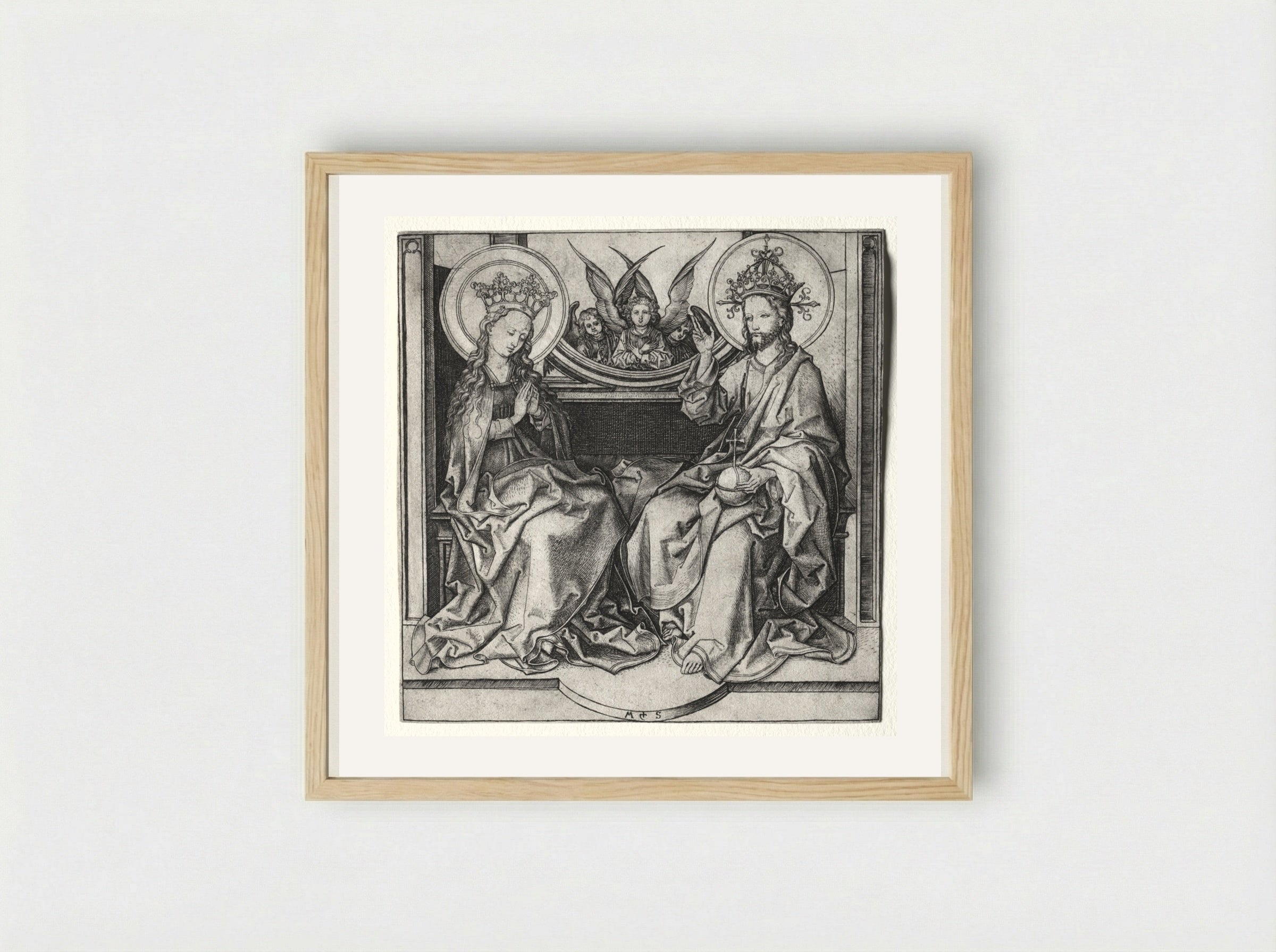God the Father and the Blessed Virgin Enthroned Attended by Angels - Martin Schongauer - Framed Print Wood