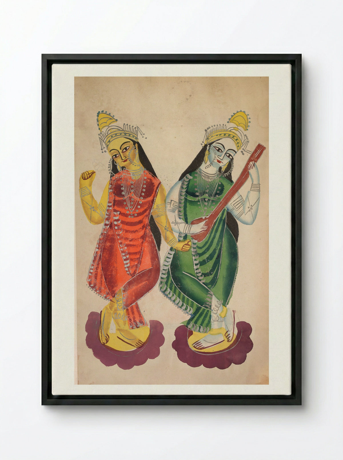 Goddesses Lakshmi and Sarasvati - Kalighat School - Framed Canvas Black