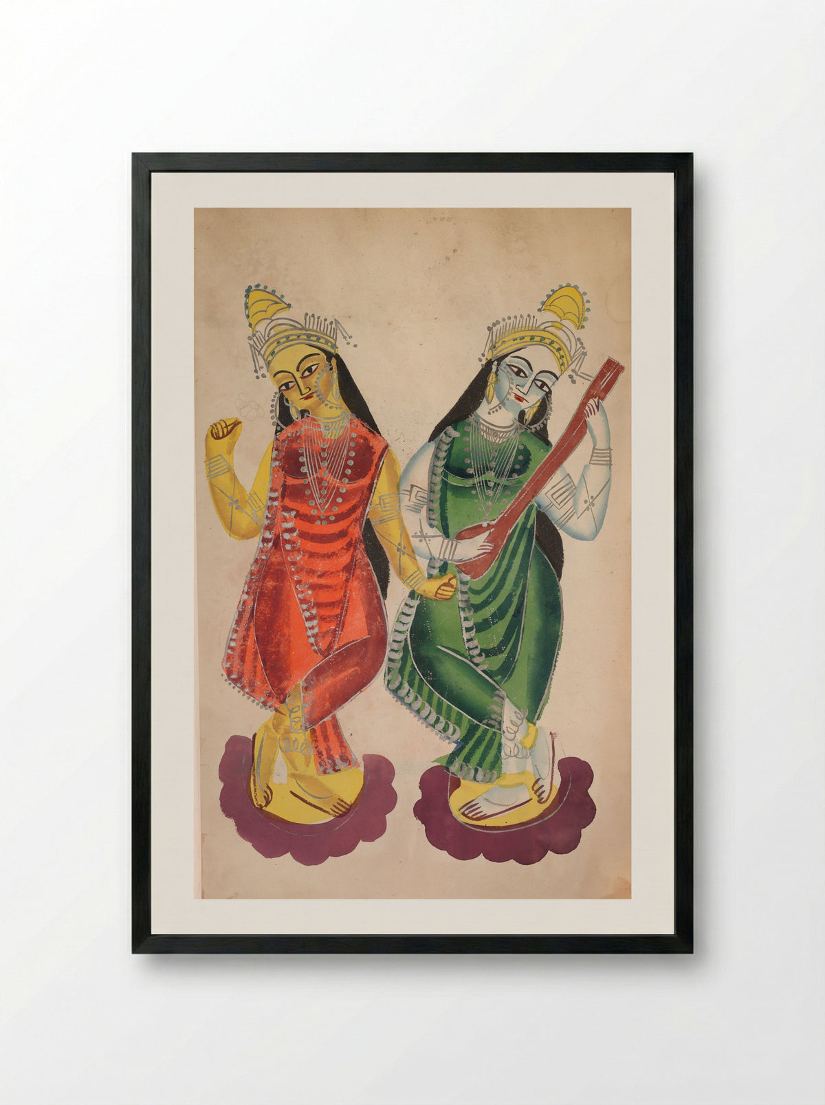 Goddesses Lakshmi and Sarasvati - Kalighat School - Framed Print Black