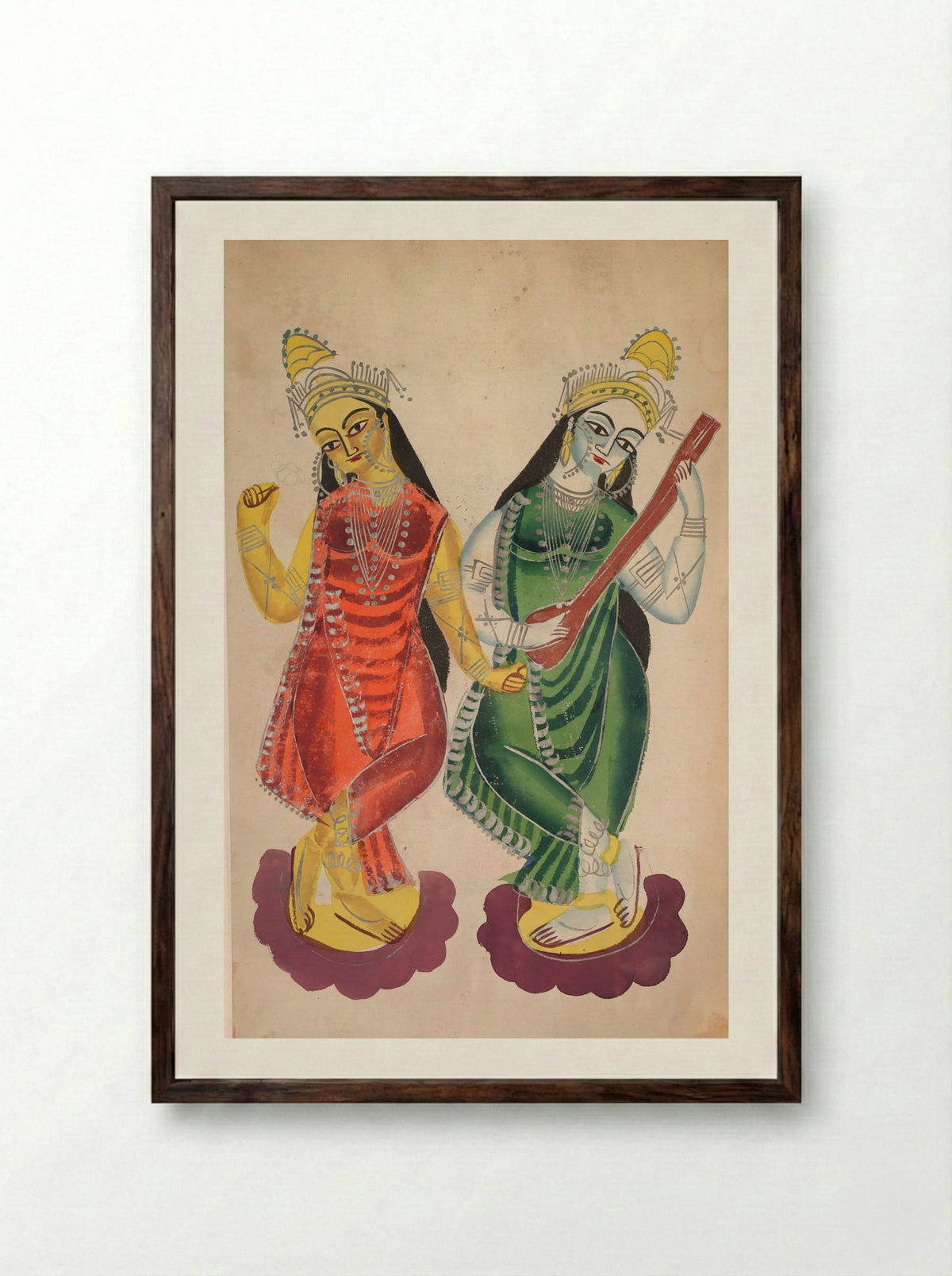 Goddesses Lakshmi and Sarasvati - Kalighat School - Framed Print Dark Wood