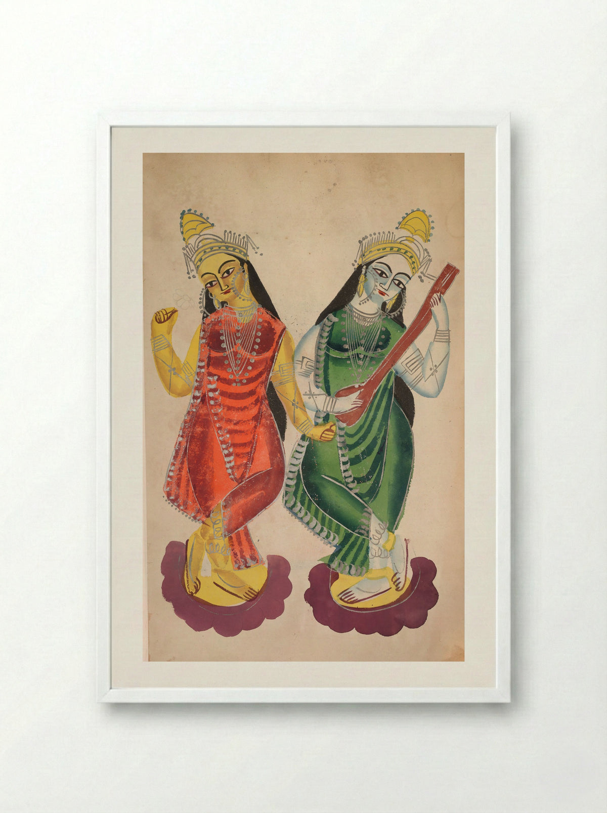 Goddesses Lakshmi and Sarasvati - Kalighat School - Framed Print White