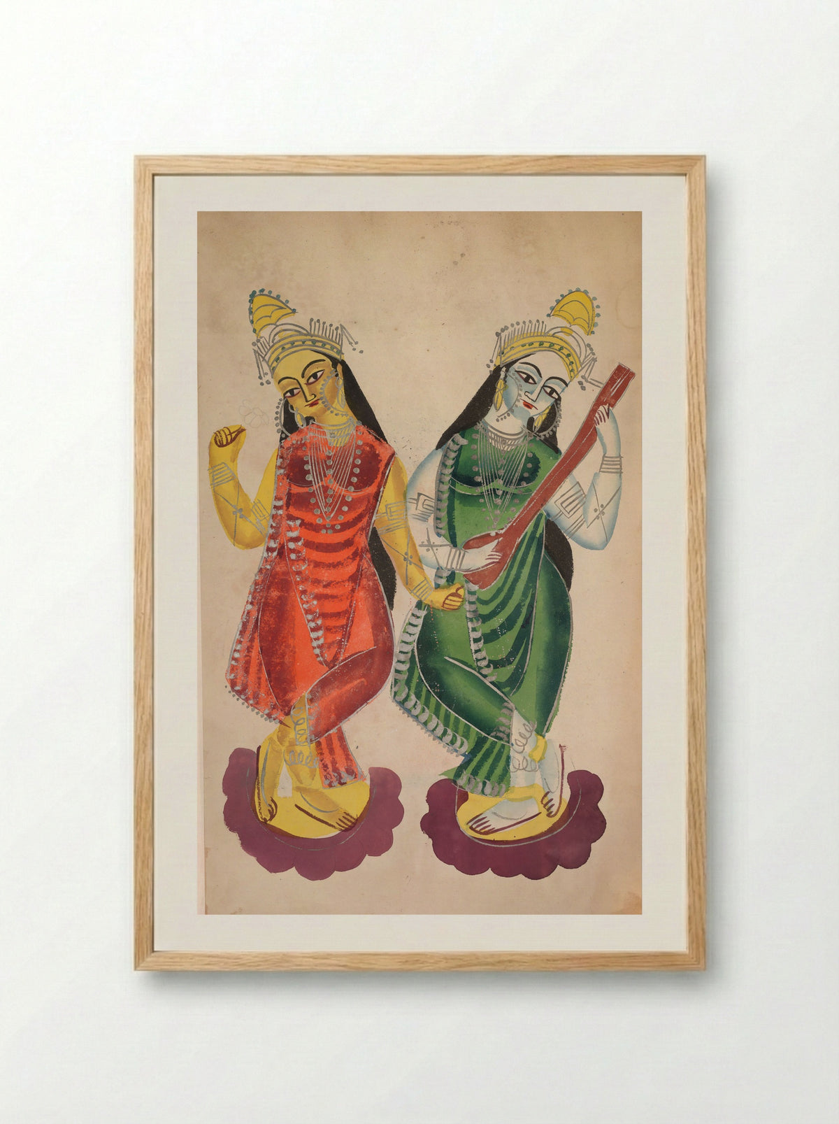 Goddesses Lakshmi and Sarasvati - Kalighat School - Framed Print Wood