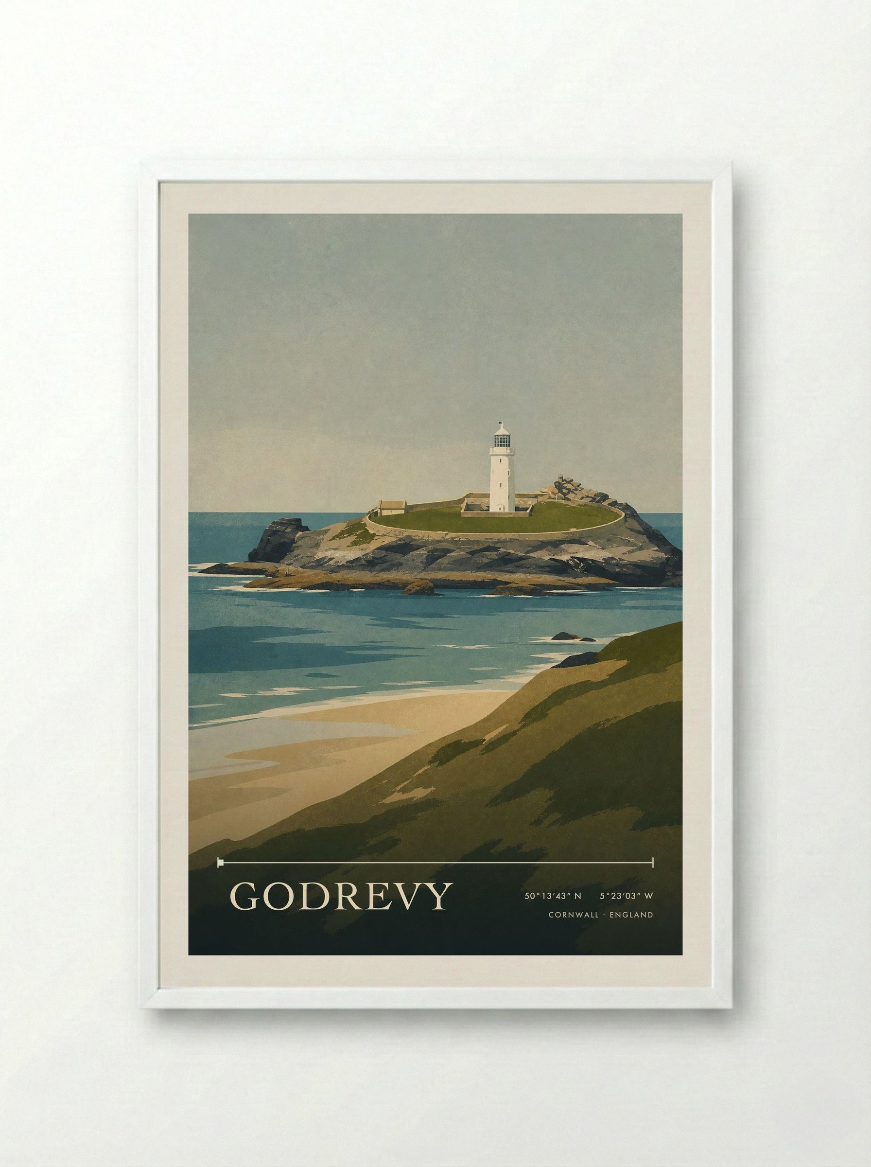 Godrevy Cornwall England Travel Poster - Framed Print White