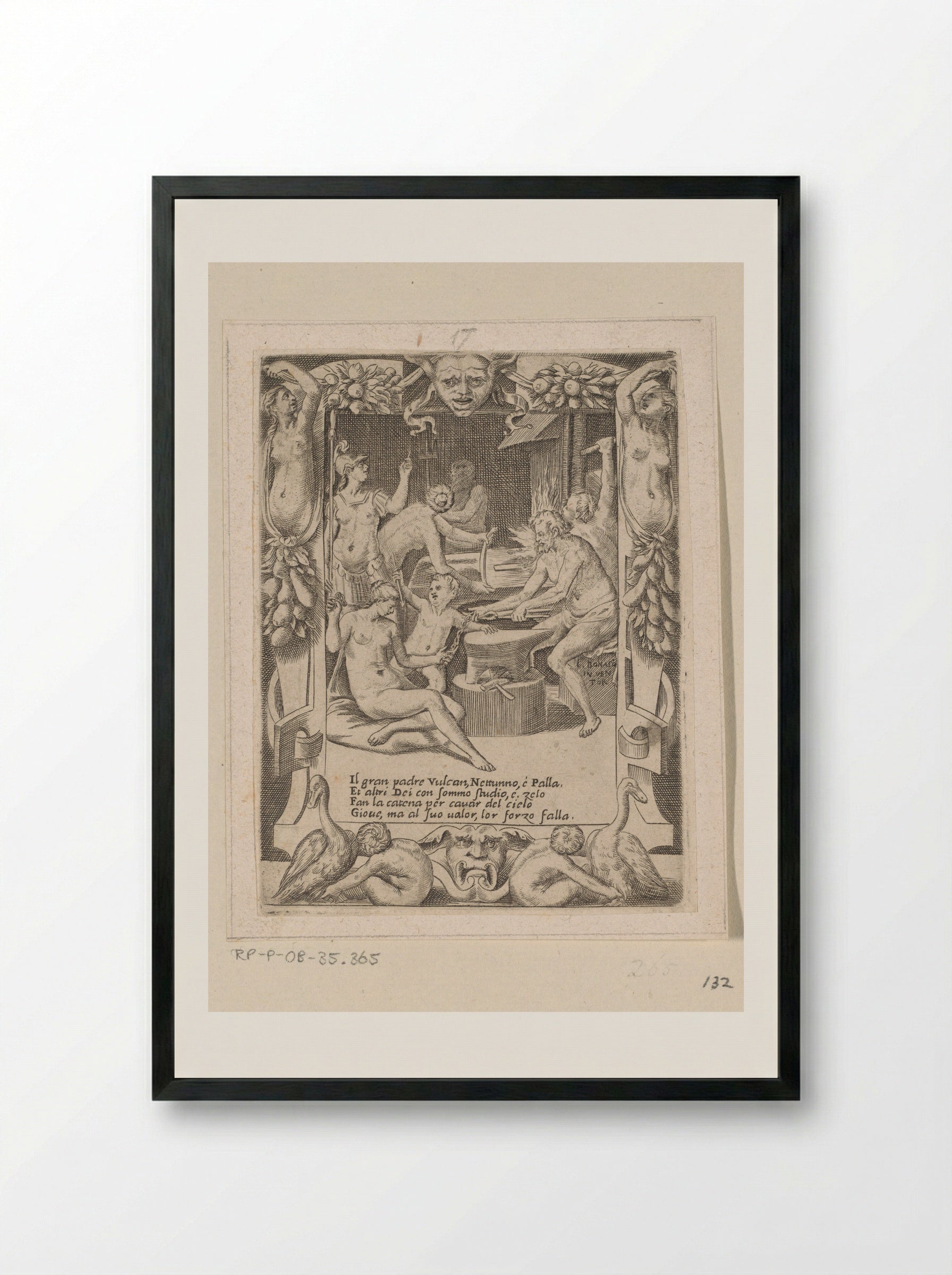 Gods Forging Chains to Pull Jupiter from the Heavens - Giulio Bonasone - Framed Print Black