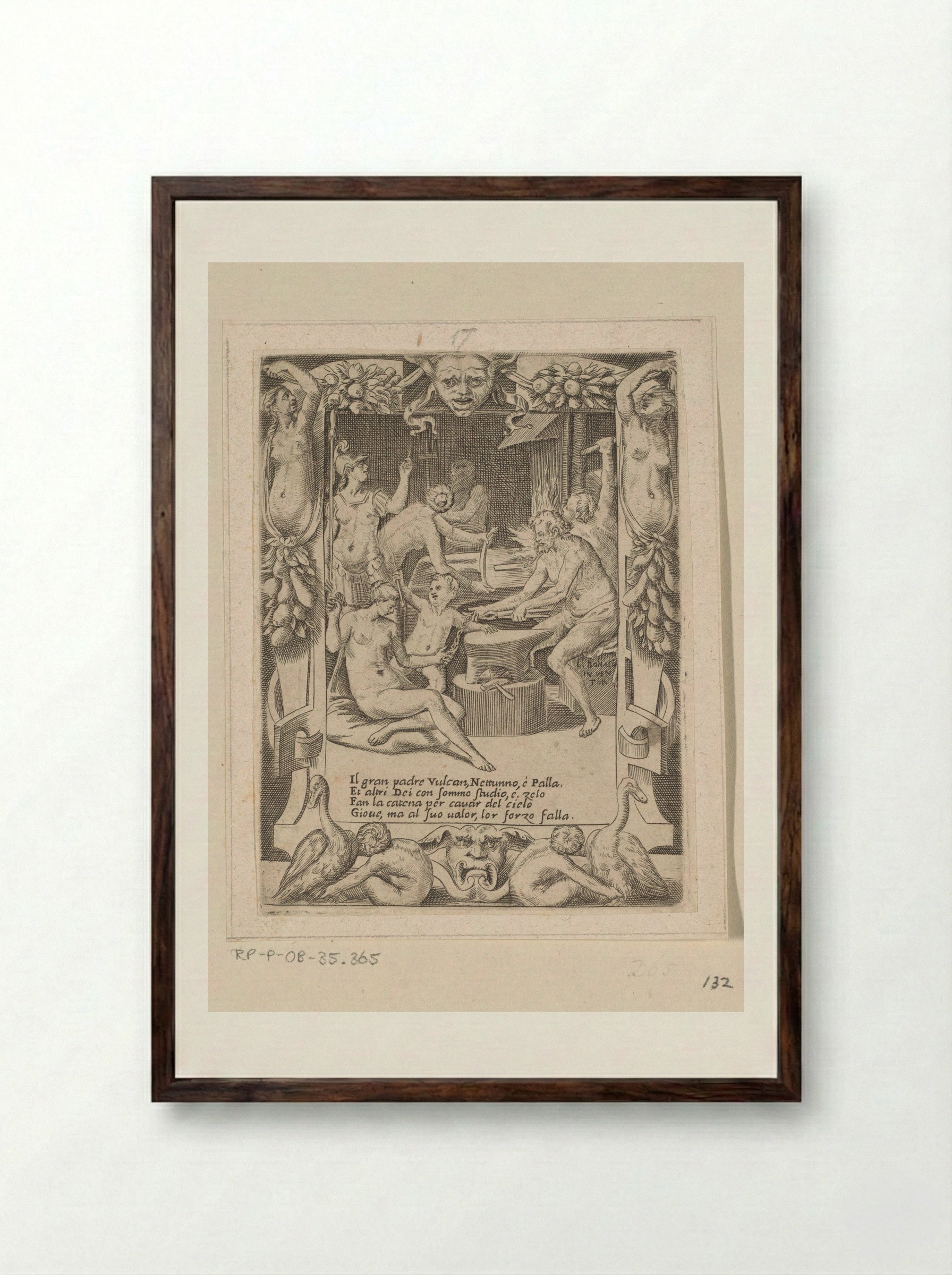 Gods Forging Chains to Pull Jupiter from the Heavens - Giulio Bonasone - Framed Print Dark Wood
