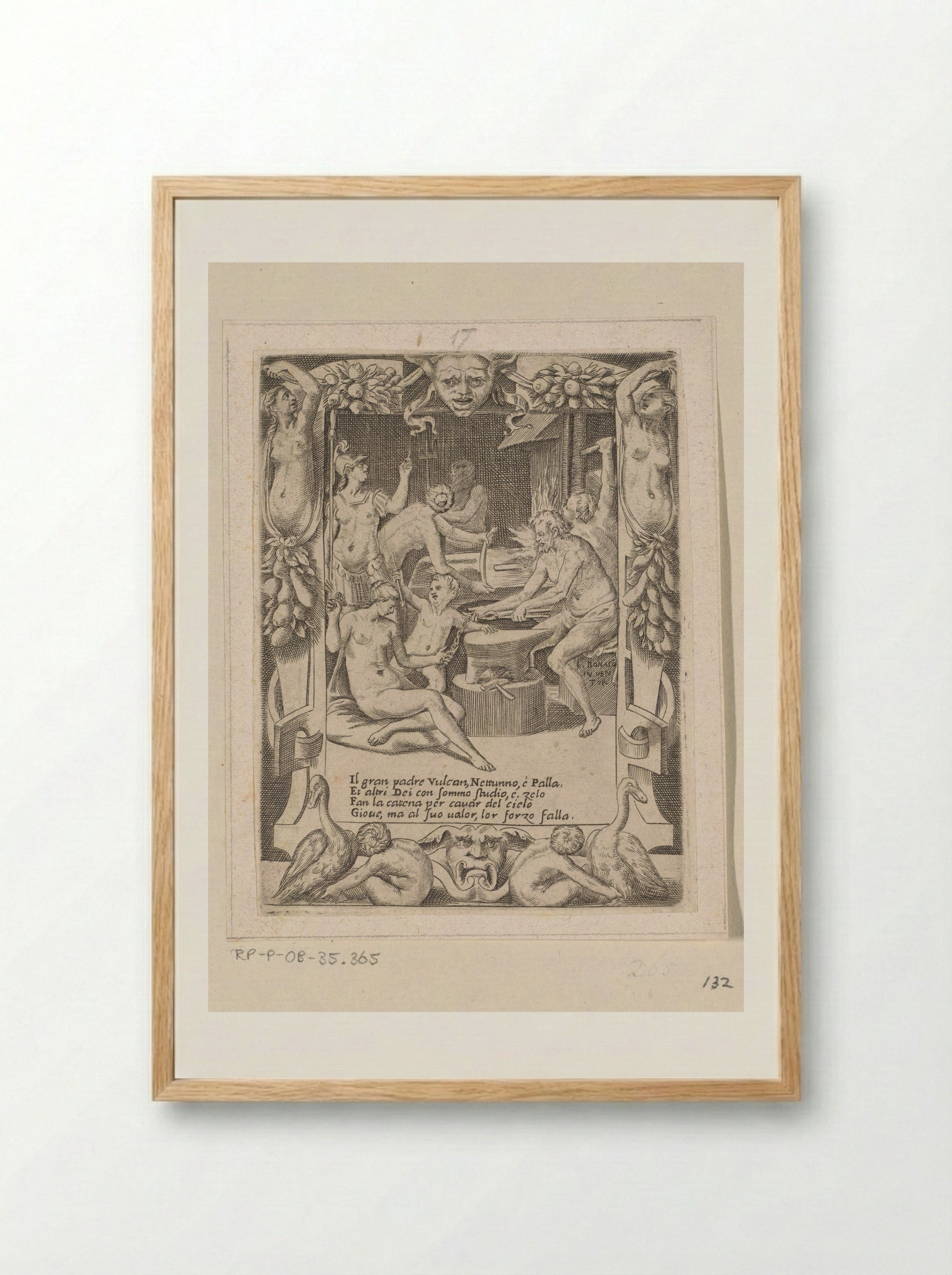 Gods Forging Chains to Pull Jupiter from the Heavens - Giulio Bonasone - Framed Print Wood