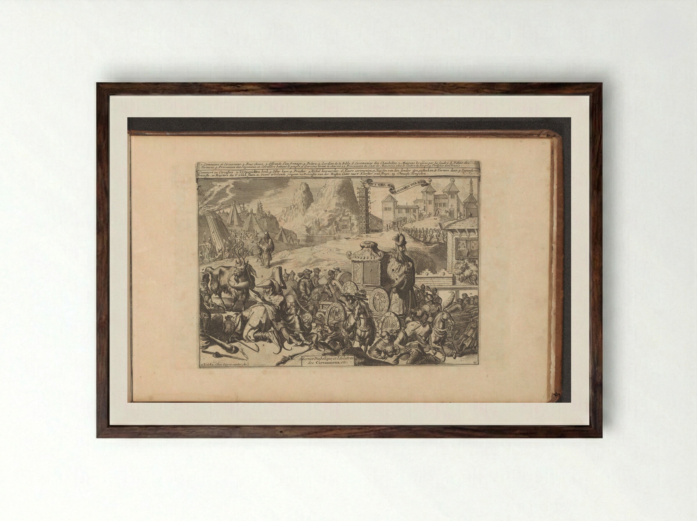 Godsdienstige handelingen en ceremoniën in Indië - Romeyn de Hooghe - Framed Print Dark Wood