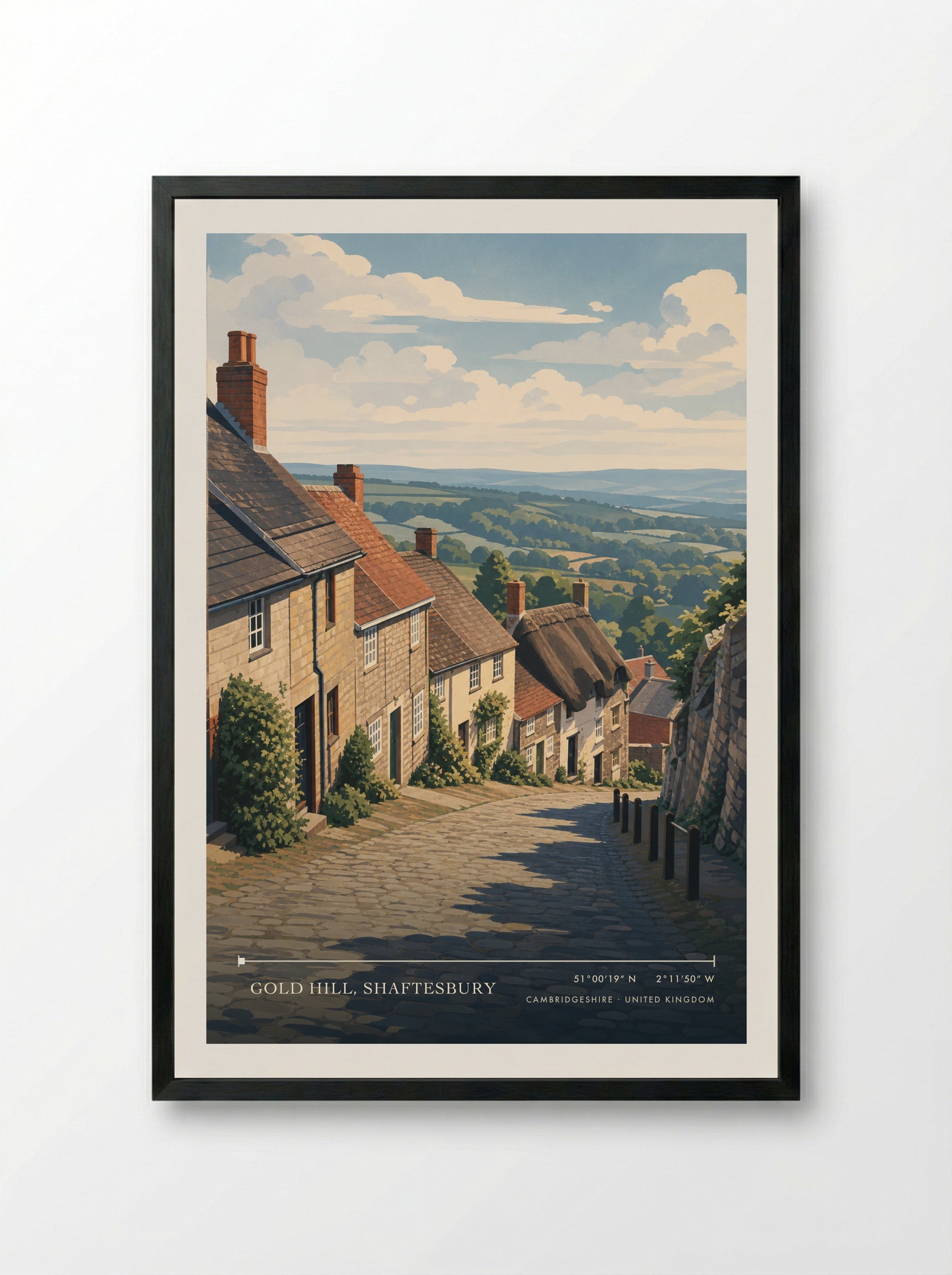 Gold Hill, Shaftesbury Cambridgeshire United Kingdom Travel Poster - Framed Print Black