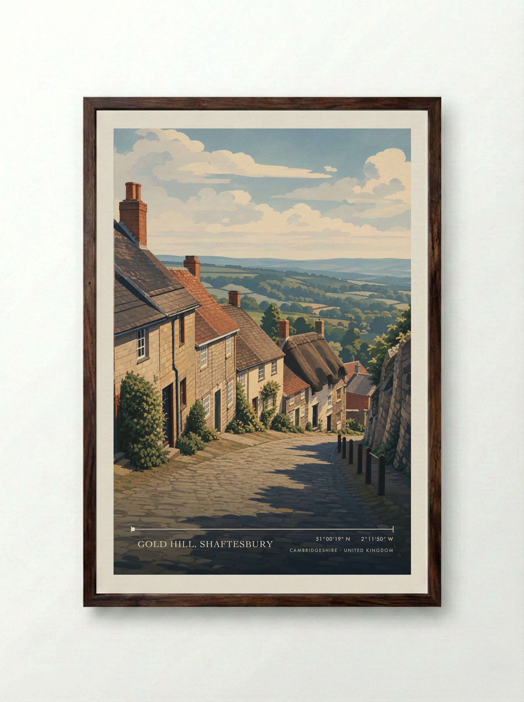 Gold Hill, Shaftesbury Cambridgeshire United Kingdom Travel Poster - Framed Print Dark Wood