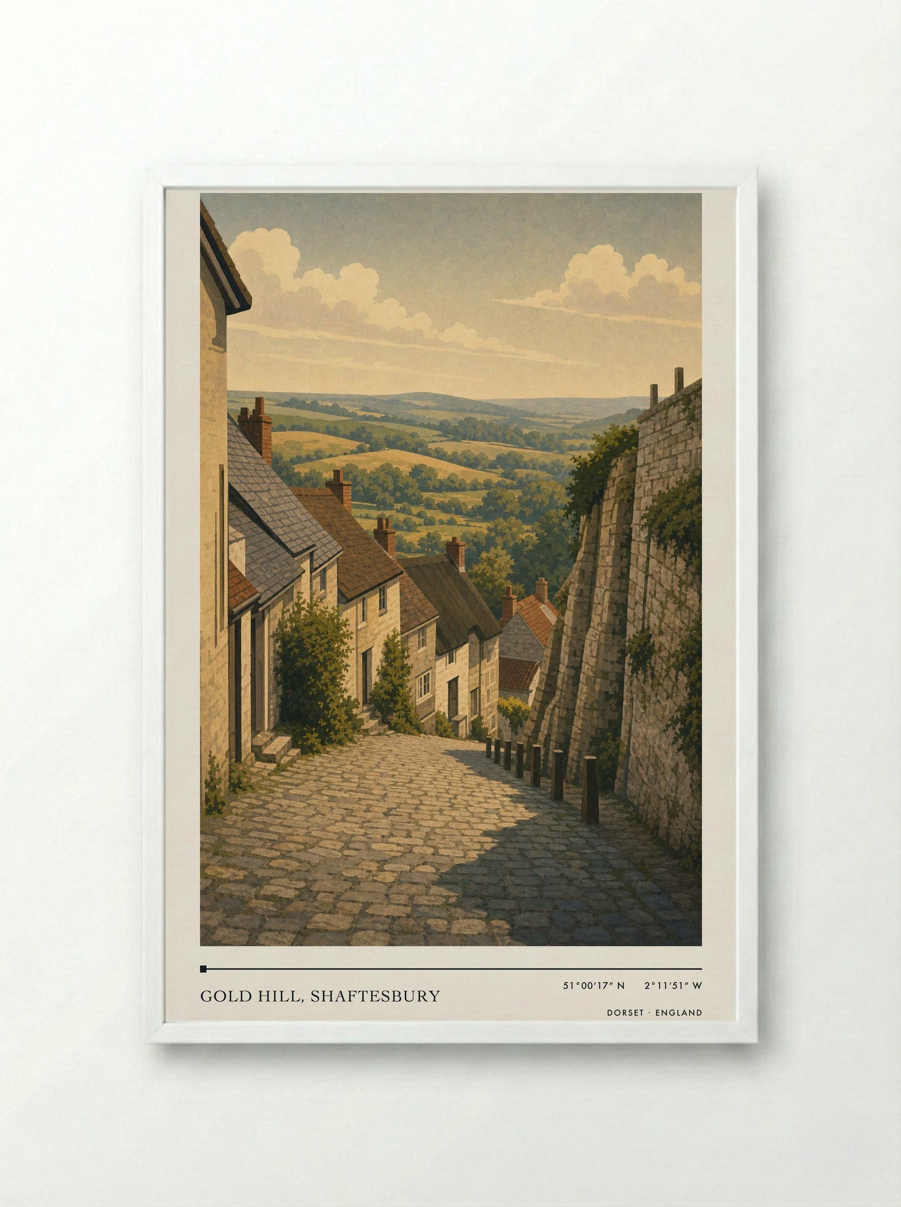 Gold Hill, Shaftesbury Dorset England Travel Poster - Framed Print White