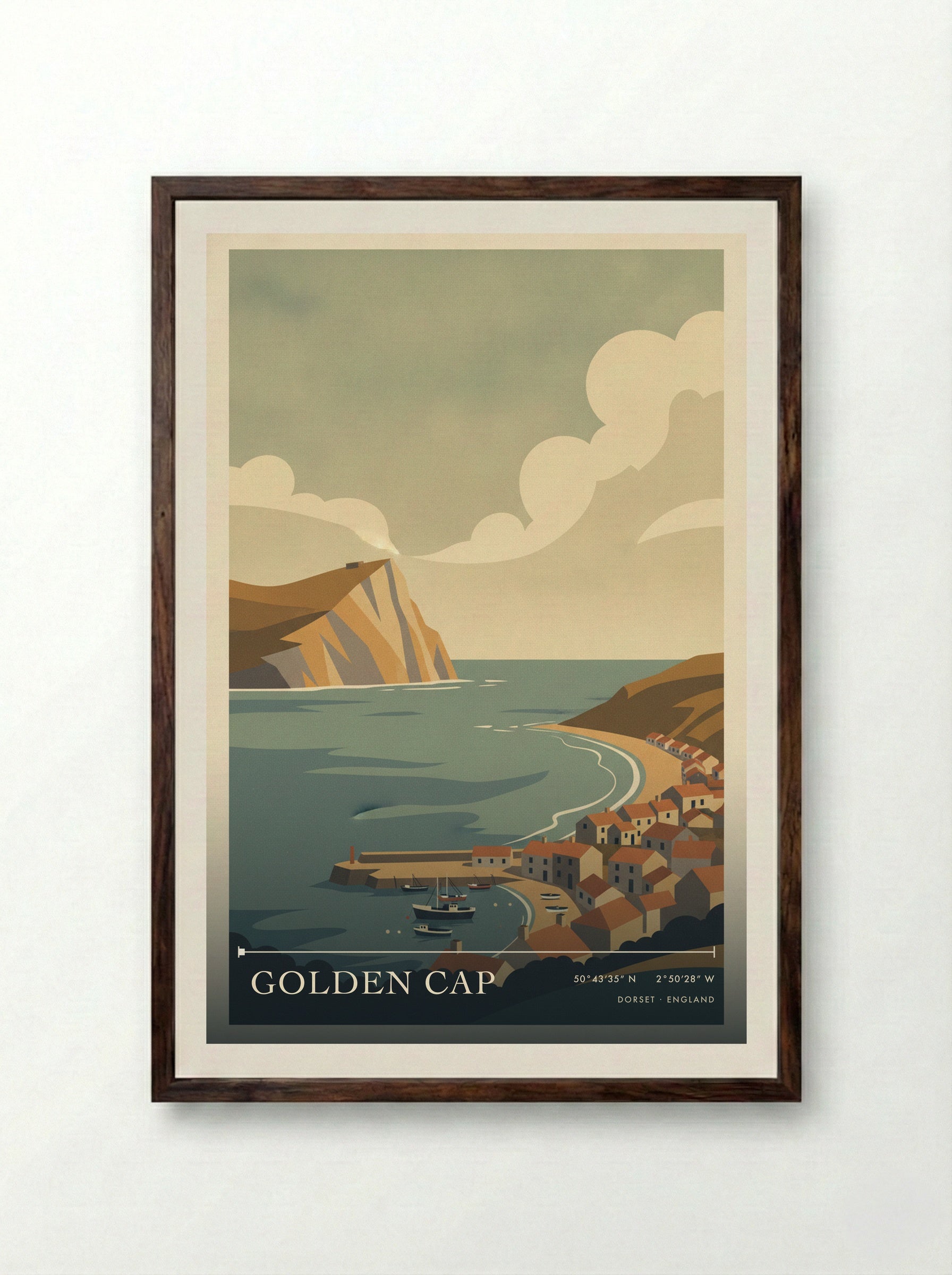 Golden Cap Dorset England Travel Poster - Framed Print Dark Wood