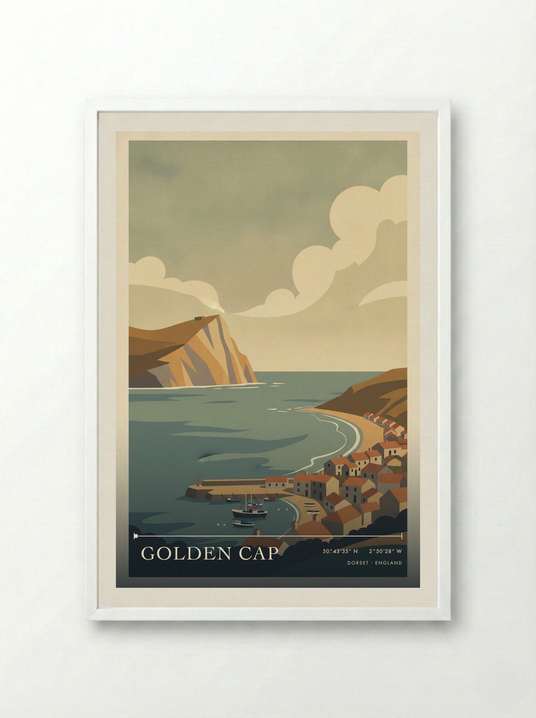 Golden Cap Dorset England Travel Poster - Framed Print White