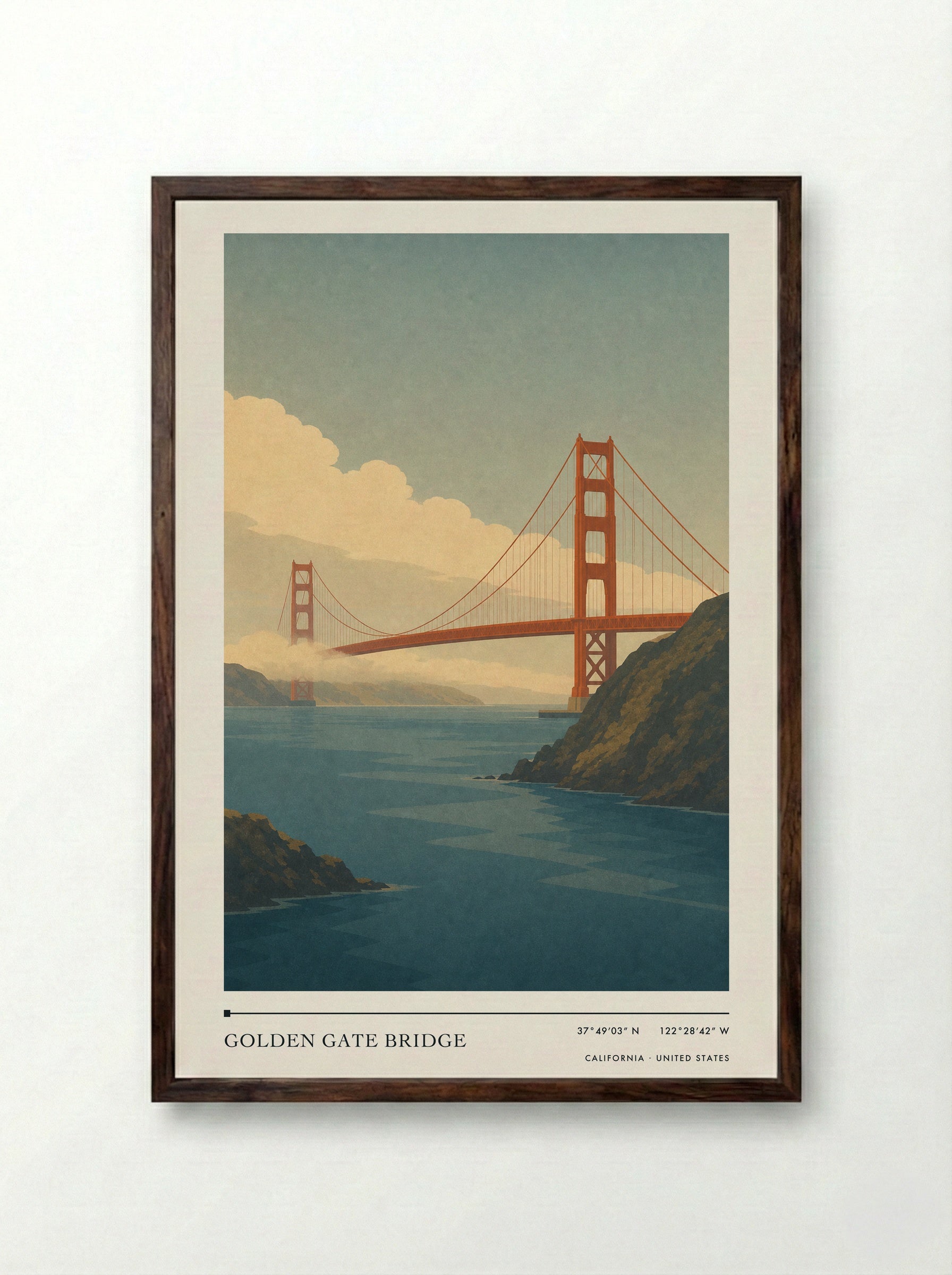 Golden Gate Bridge Travel Poster Artwork - Framed Print Dark Wood