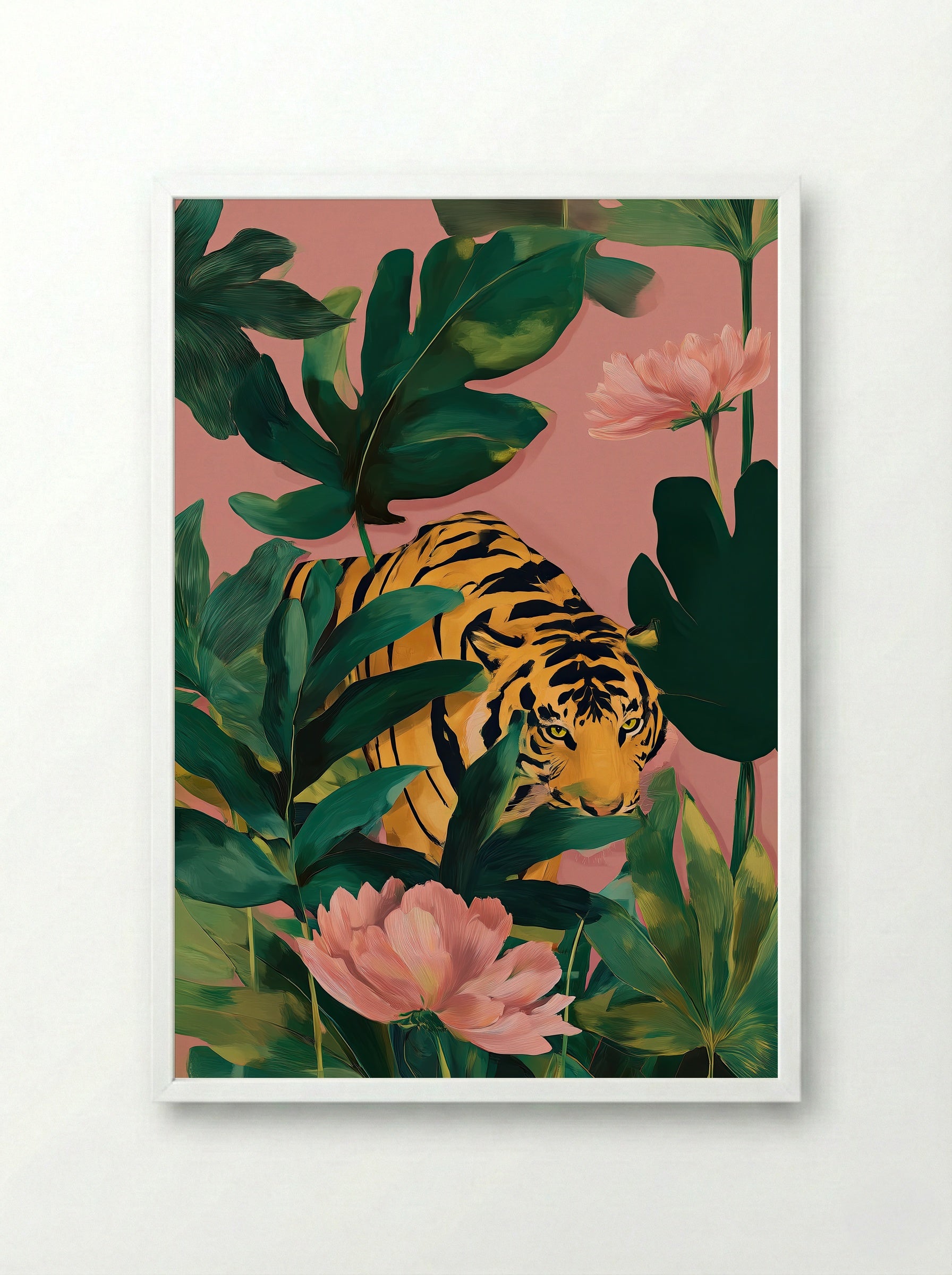 Golden Jungle Tiger Botanical Art Print - Framed Print White