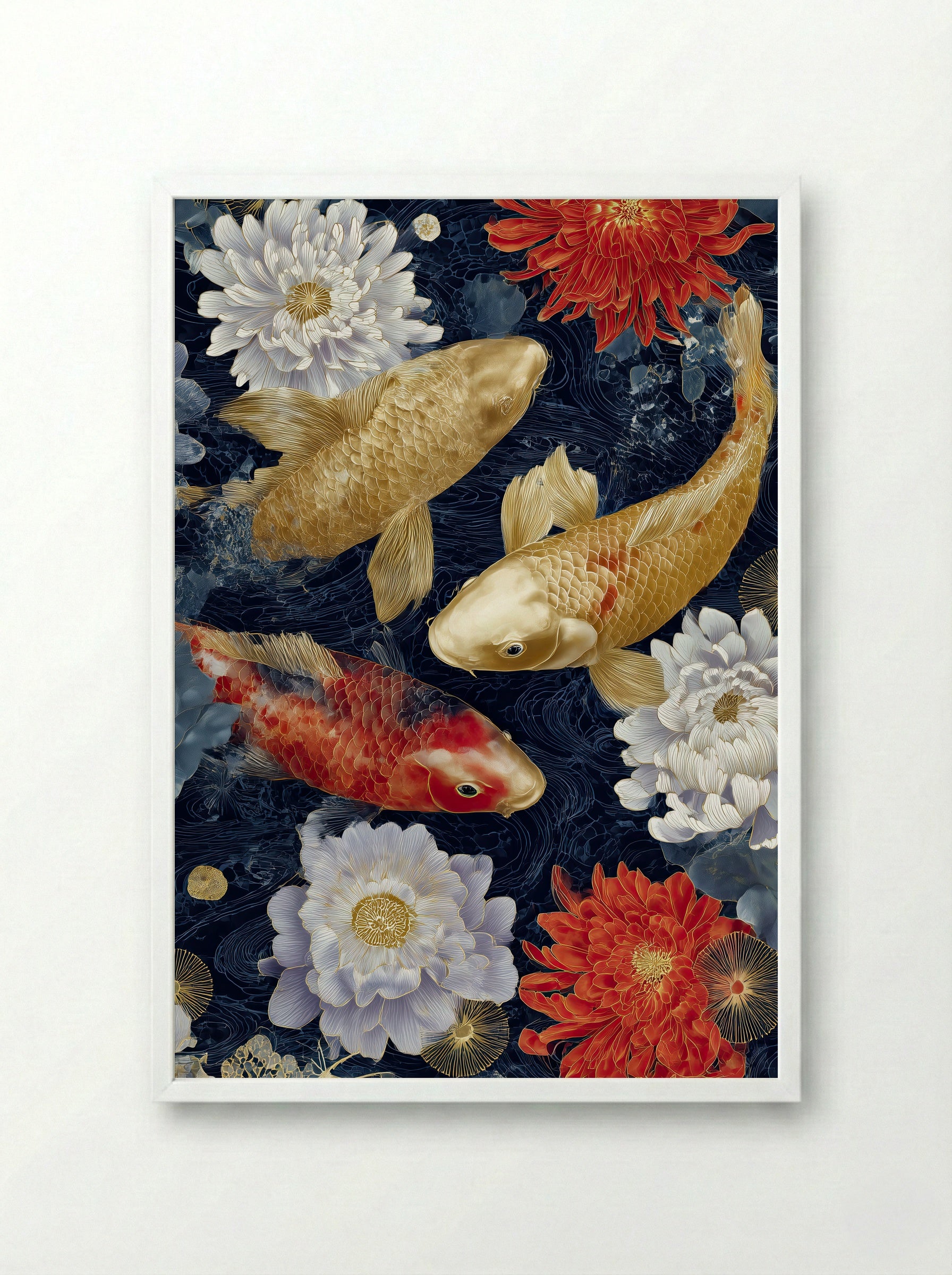 Golden Koi Reverie – Japanese Botanical Art Print - Framed Print White