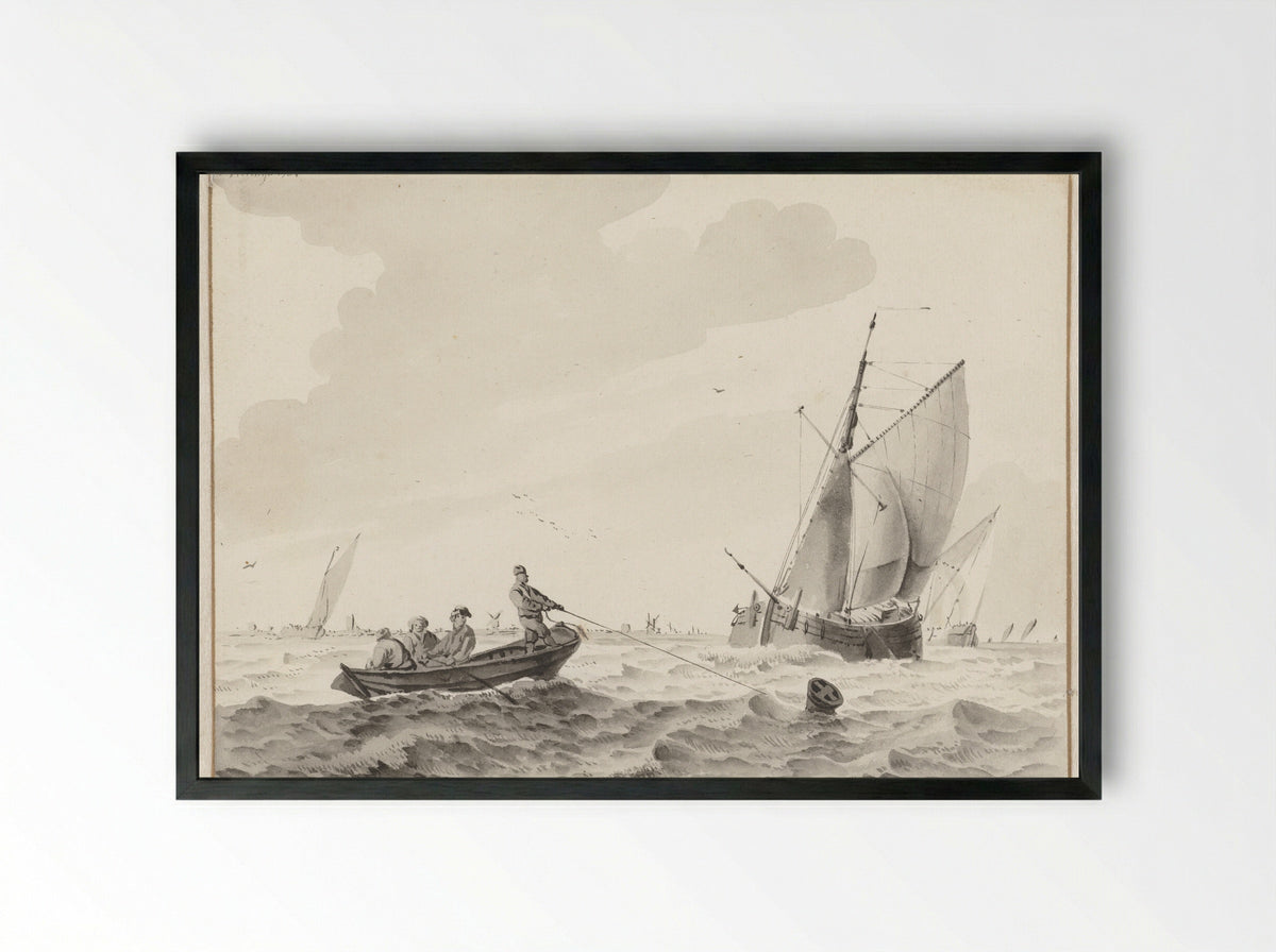 Golvend water met een roeiboot bij een boei - Wigerus Vitringa - Framed Print Black