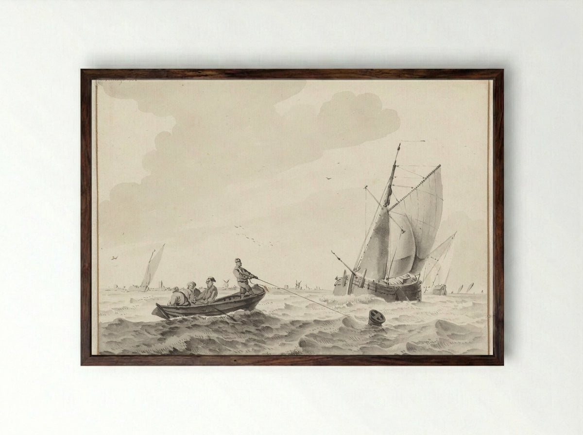 Golvend water met een roeiboot bij een boei - Wigerus Vitringa - Framed Print Dark Wood